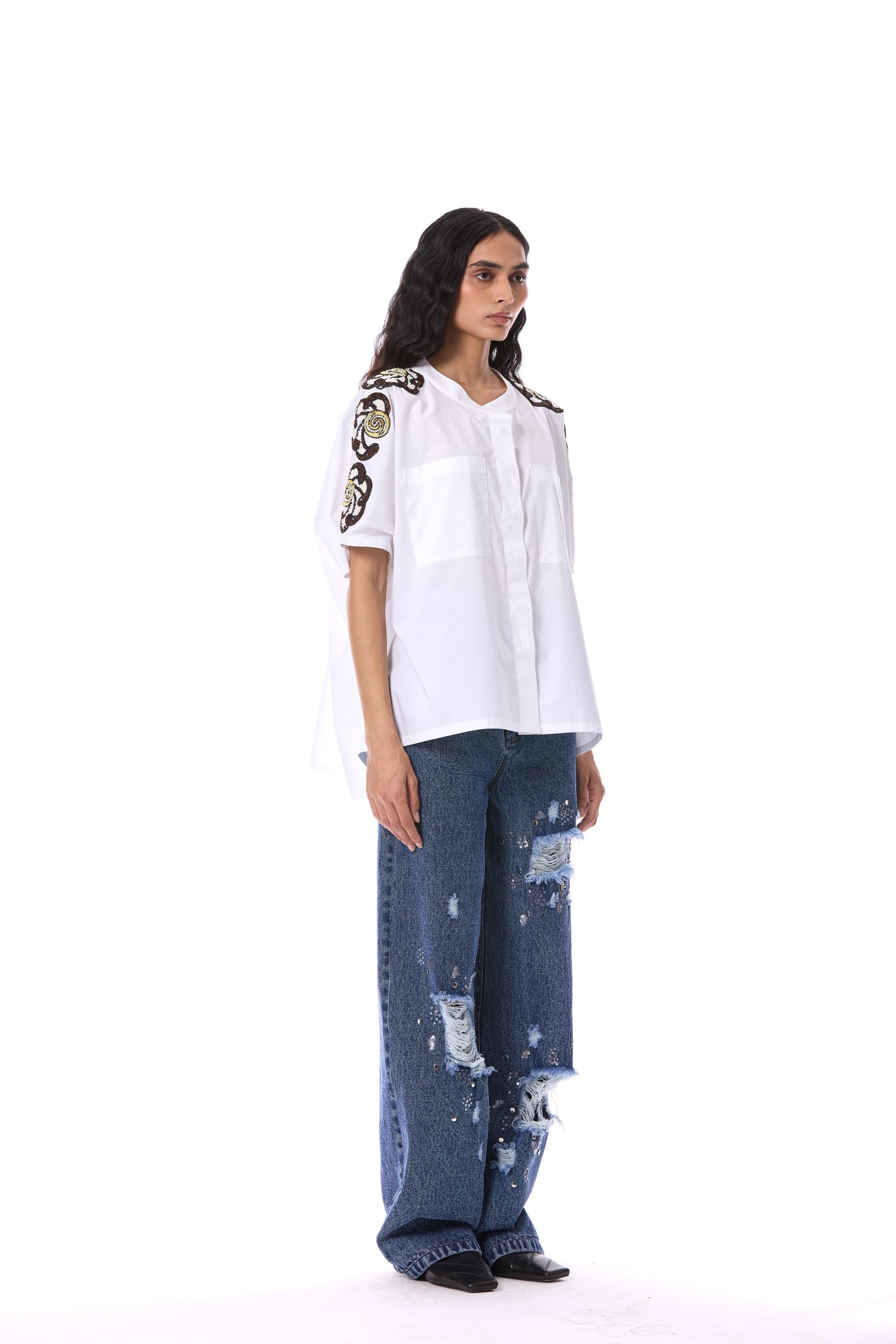ALHENA' EMBELLISHED DENIM PANTS - Kanika Goyal Label