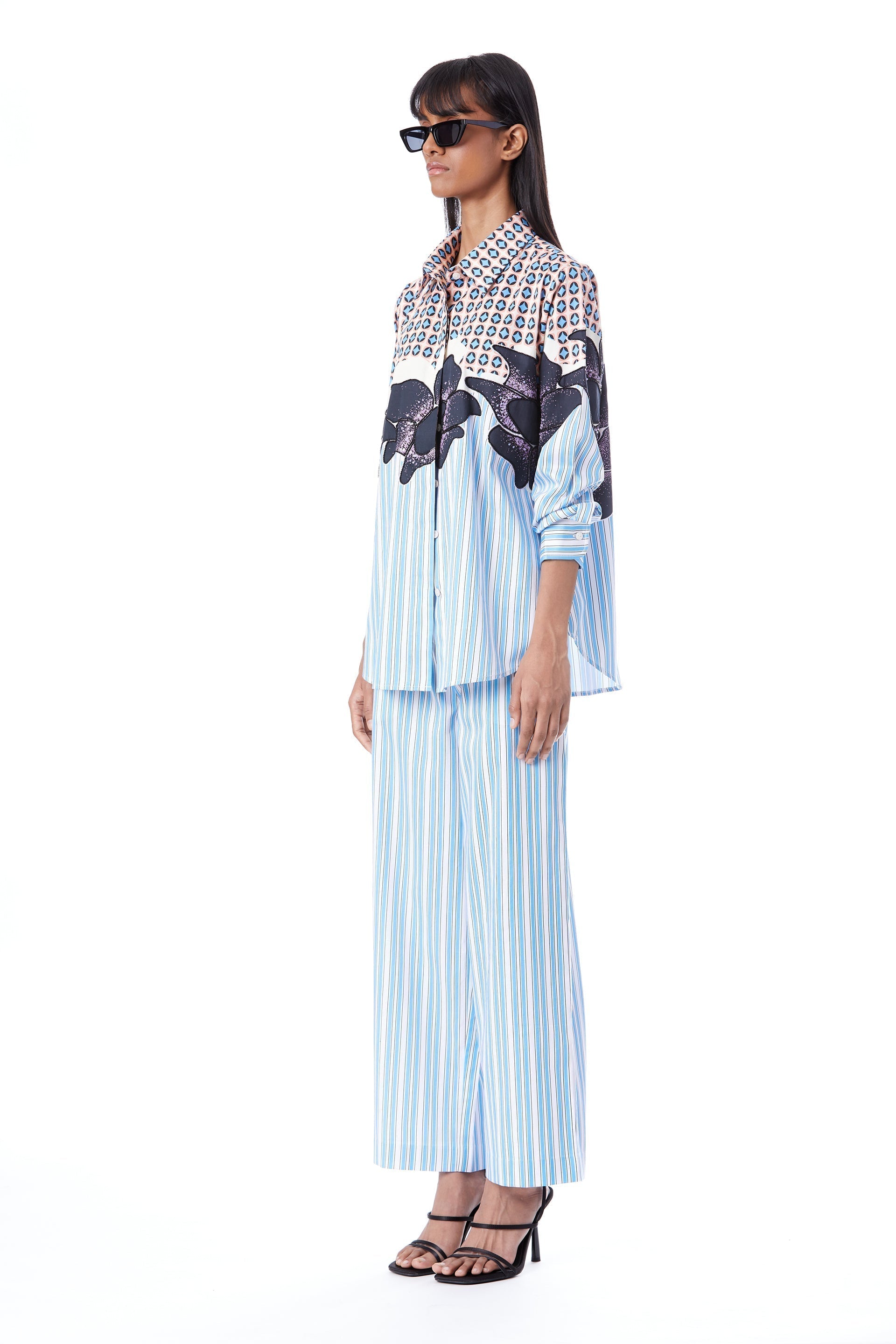 Black Rose' Pin Striped Hand - Embellished Shirt with Pants - Kanika Goyal Label
