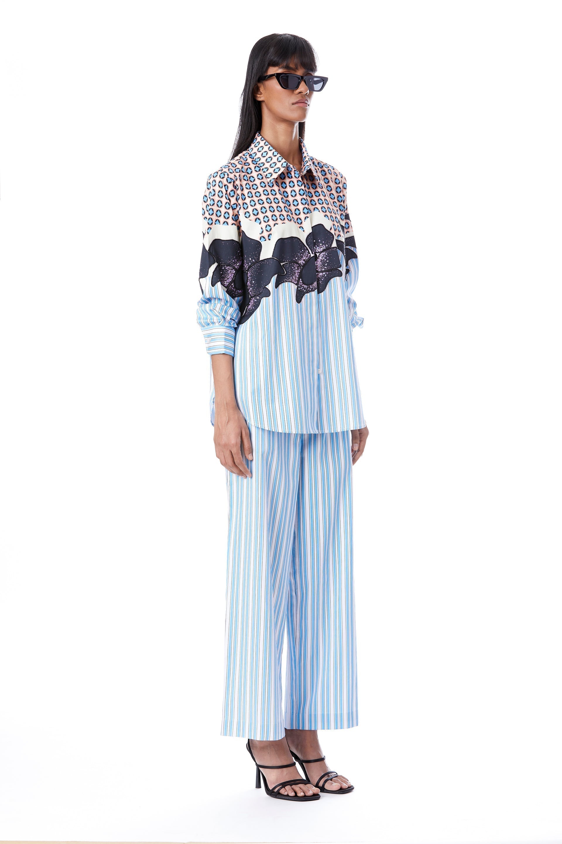 Black Rose' Pin Striped Hand - Embellished Shirt with Pants - Kanika Goyal Label