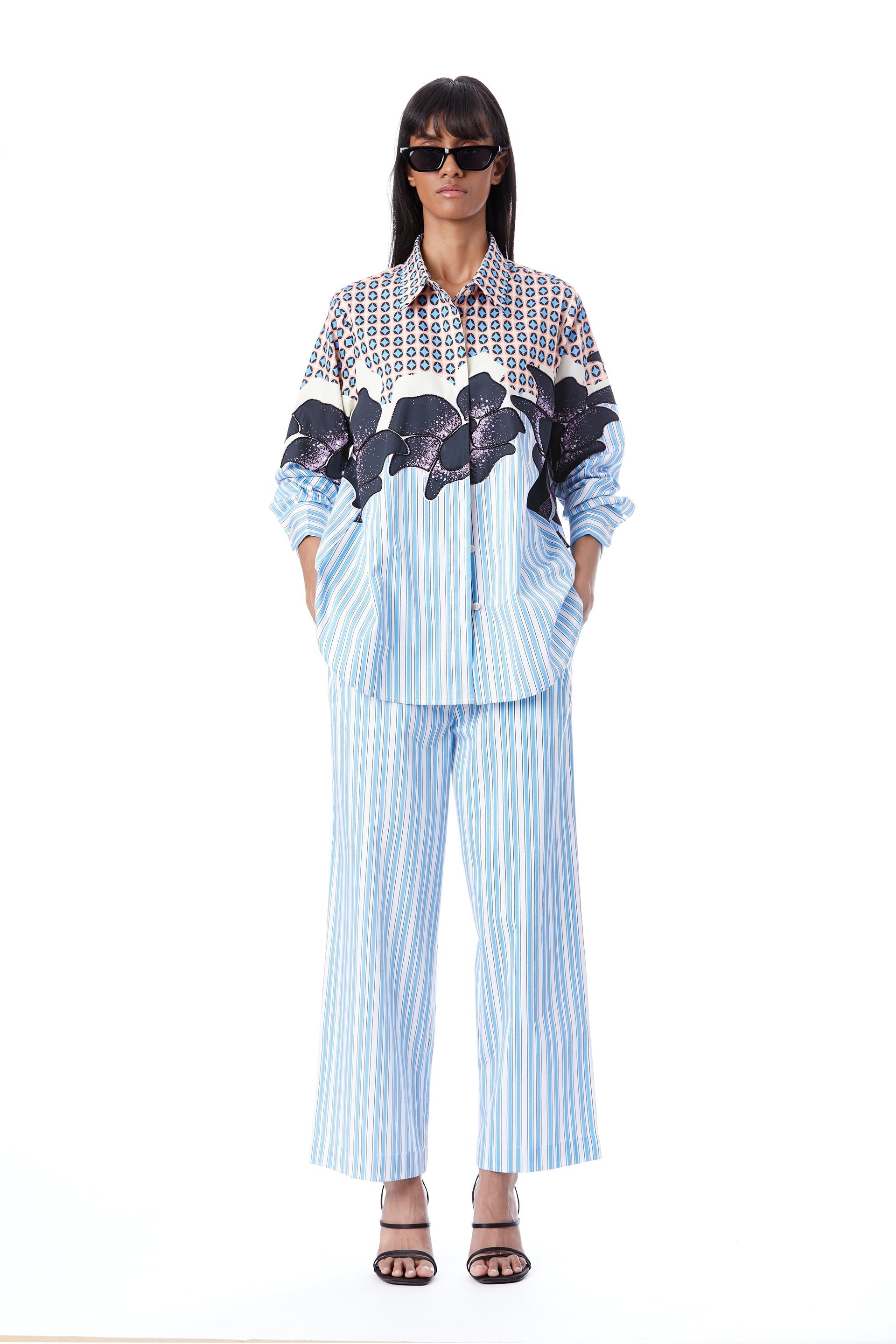 Black Rose' Pin Striped Hand - Embellished Shirt with Pants - Kanika Goyal Label
