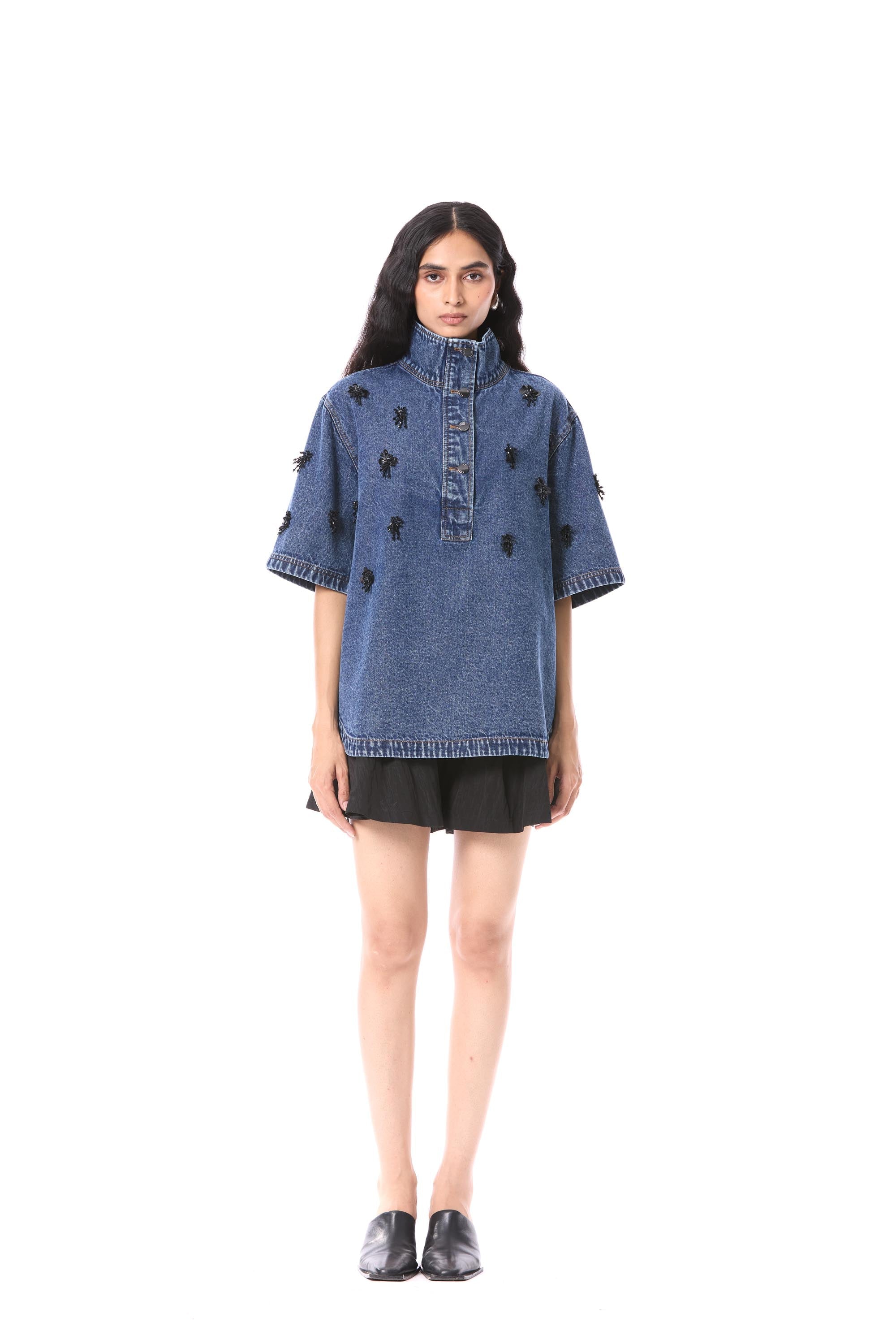 COMET HAZE' EMBELLISHED DENIM TOP - Kanika Goyal Label
