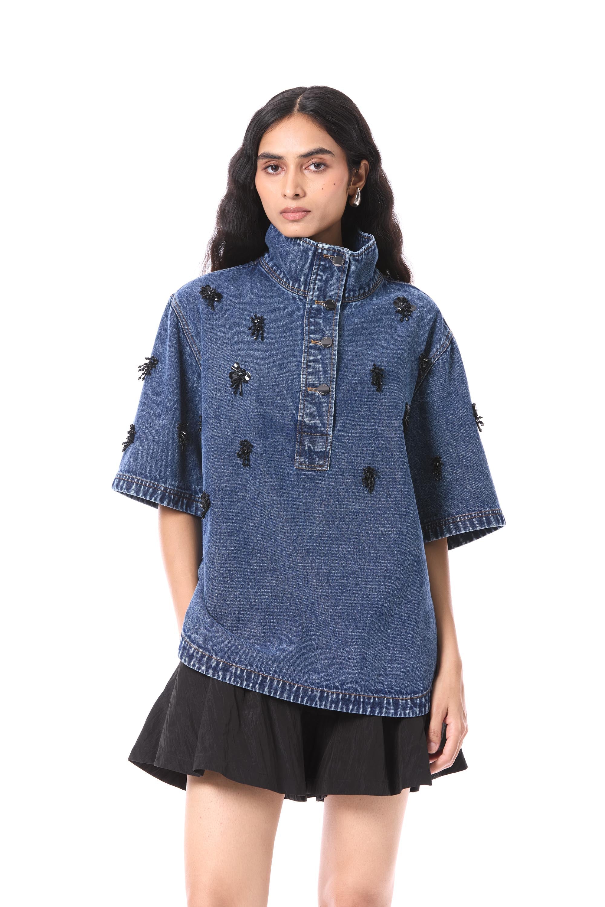 COMET HAZE' EMBELLISHED DENIM TOP - Kanika Goyal Label