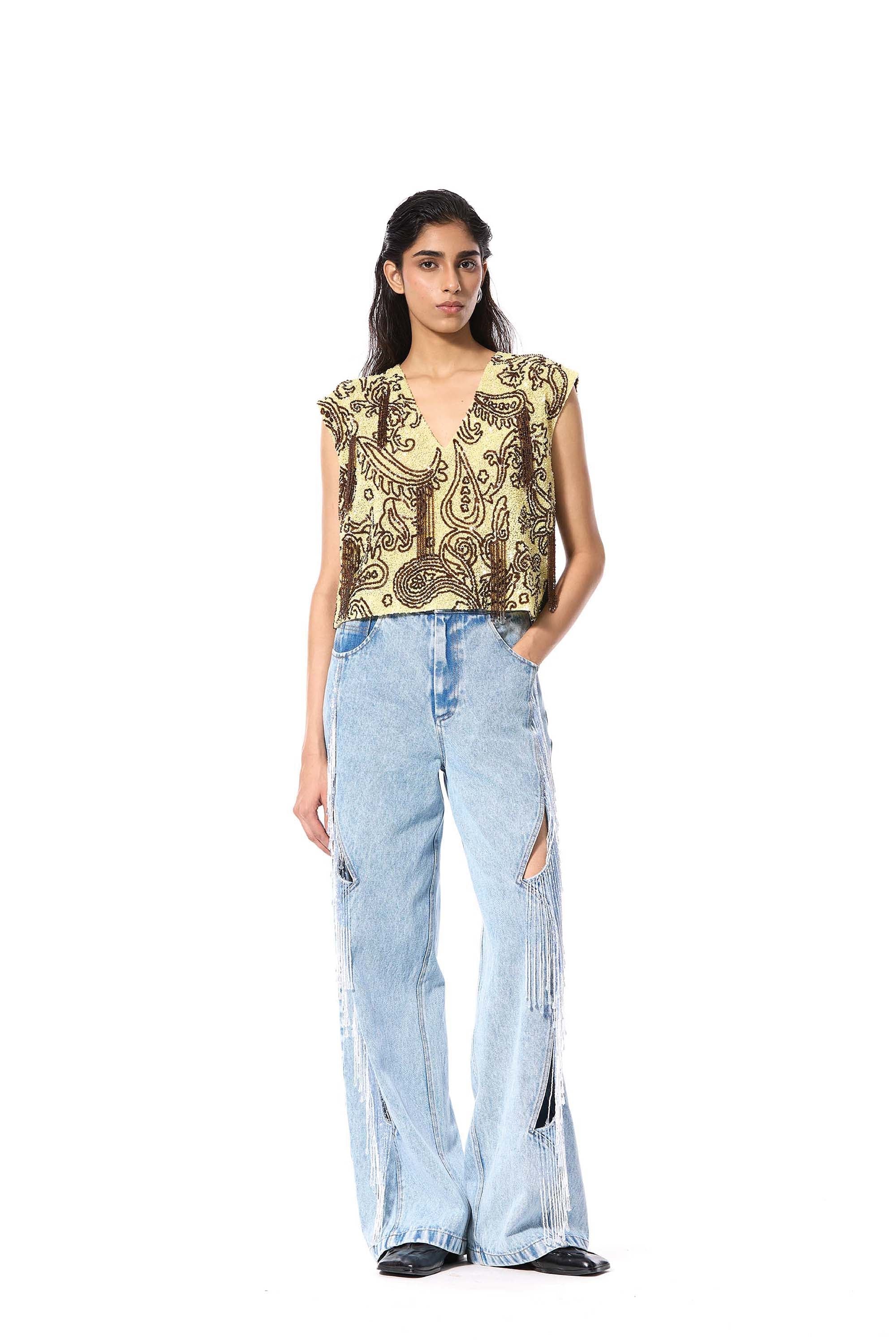 CRESCENT TIDE' EMBELLISHED DENIM PANTS - Kanika Goyal Label