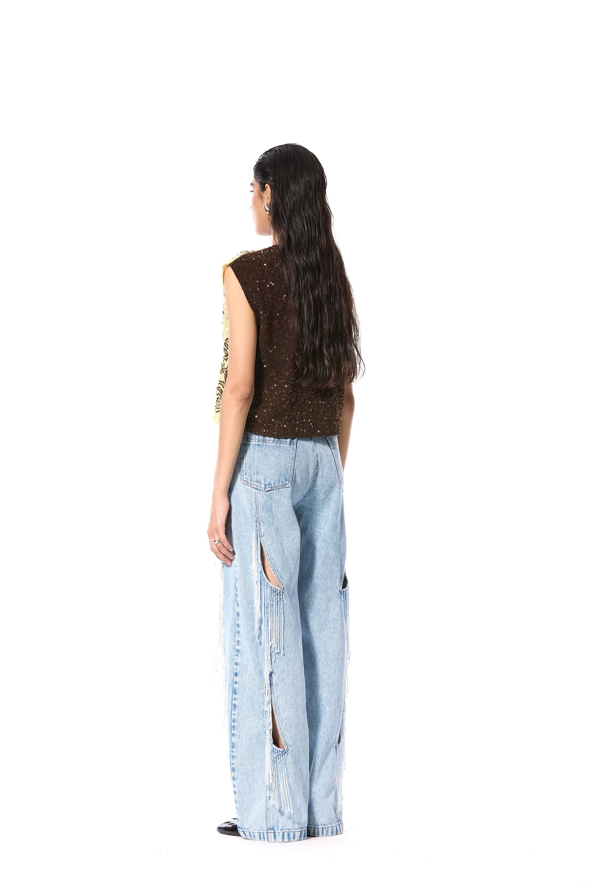 CRESCENT TIDE' EMBELLISHED DENIM PANTS - Kanika Goyal Label