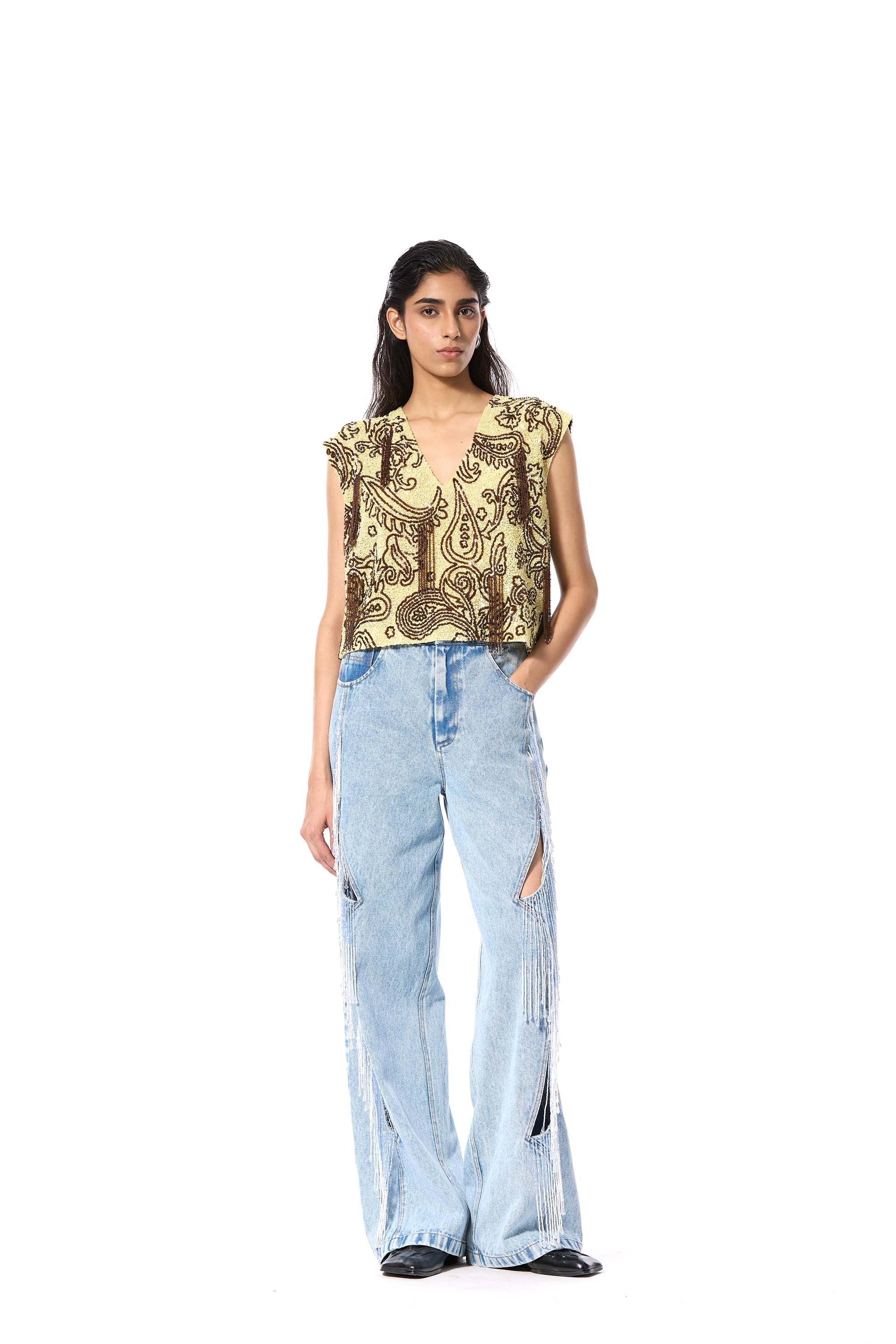 CRESCENT TIDE' EMBELLISHED DENIM PANTS - Kanika Goyal Label