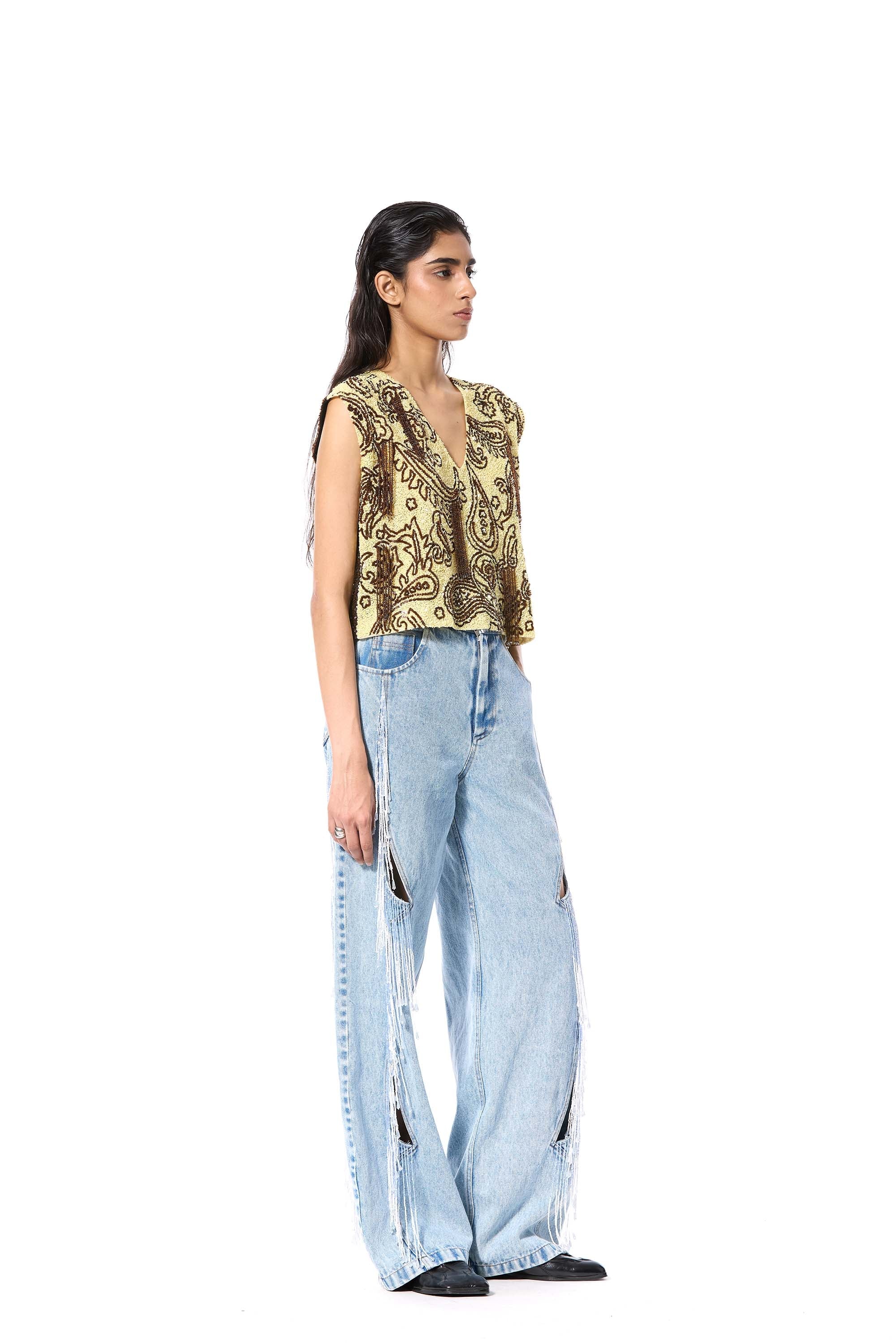 CRESCENT TIDE' EMBELLISHED DENIM PANTS - Kanika Goyal Label