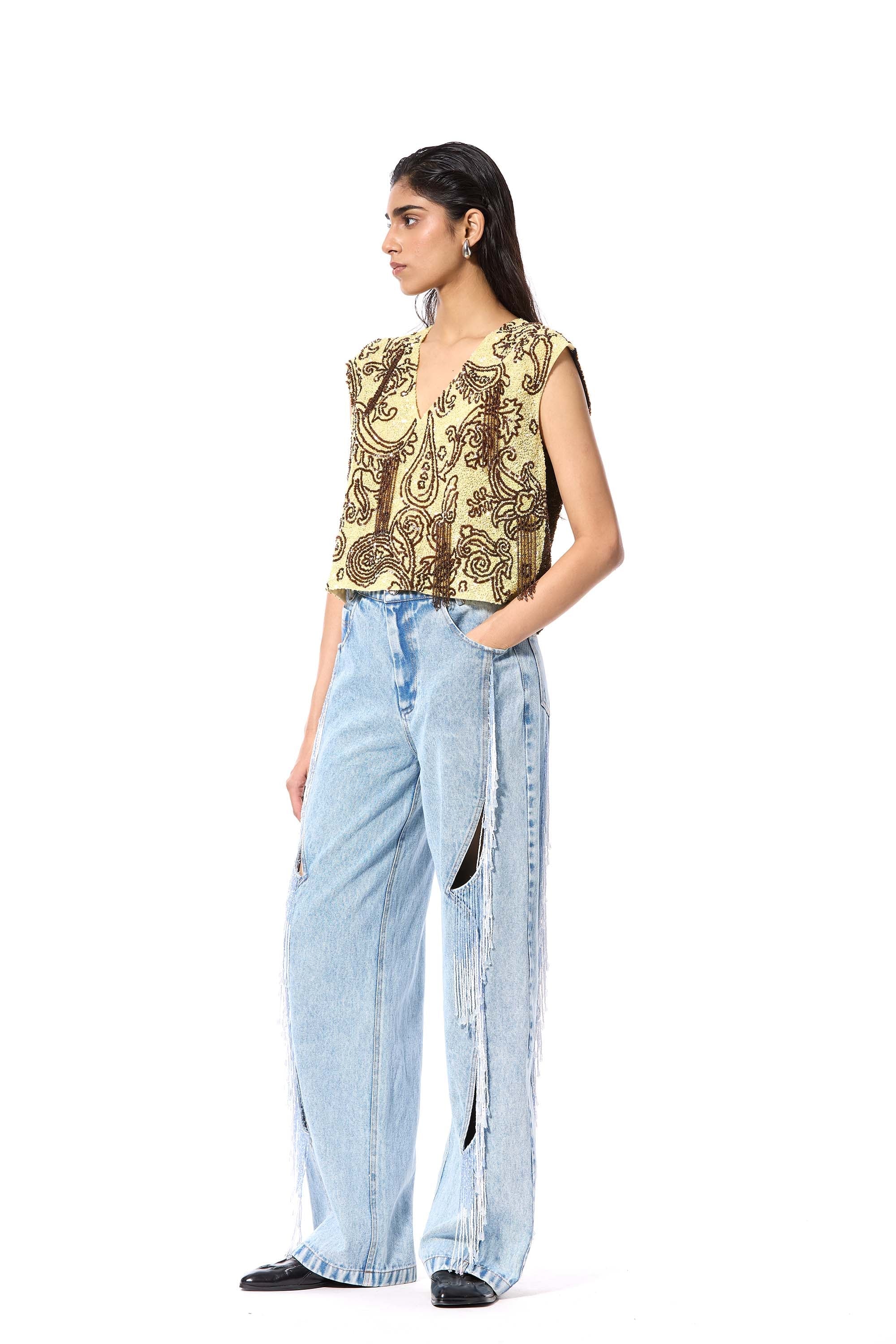 CRESCENT TIDE' EMBELLISHED DENIM PANTS - Kanika Goyal Label