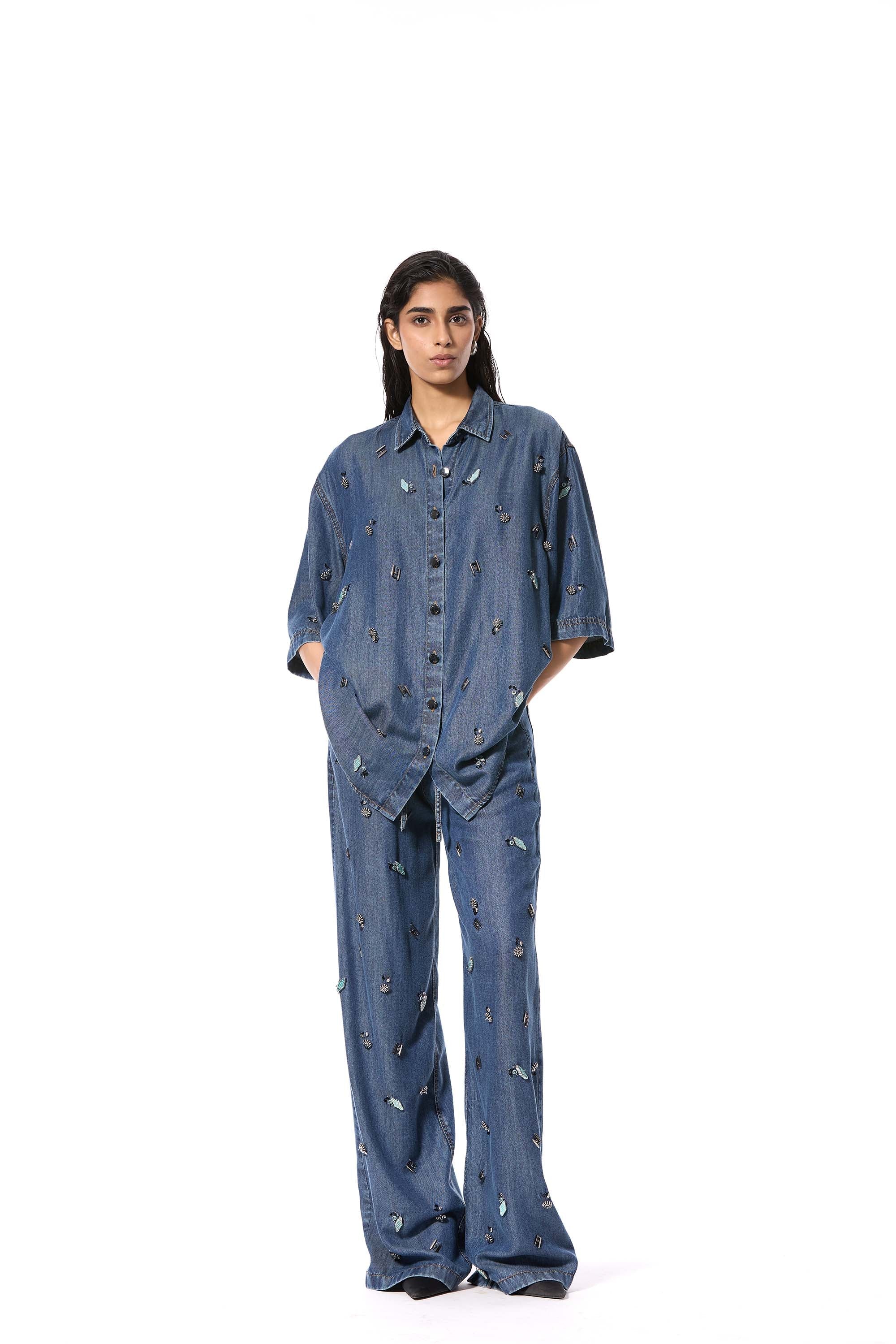 DUSKEI' EMBELLISHED DENIM PANTS - Kanika Goyal Label