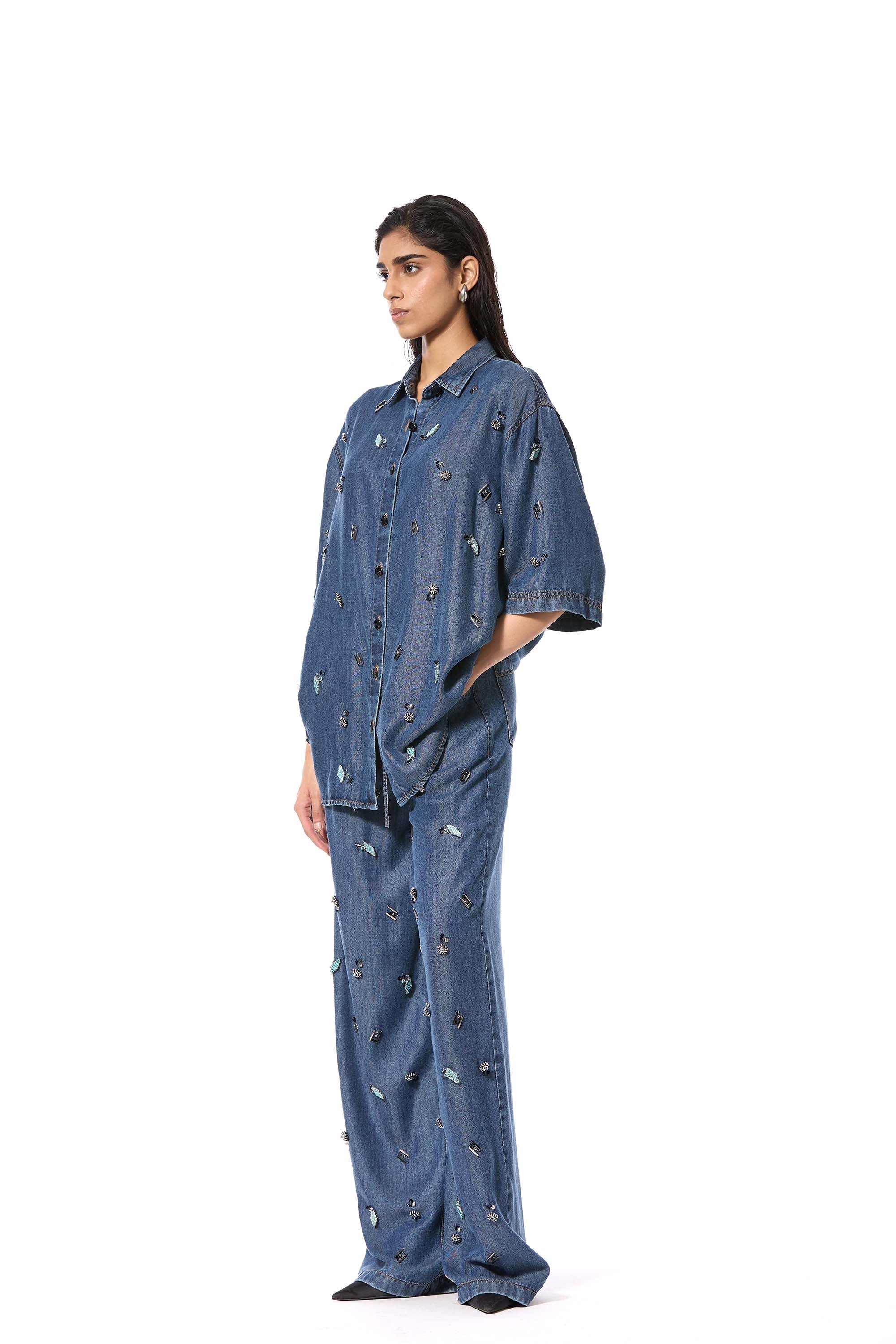 DUSKEI' EMBELLISHED DENIM PANTS - Kanika Goyal Label