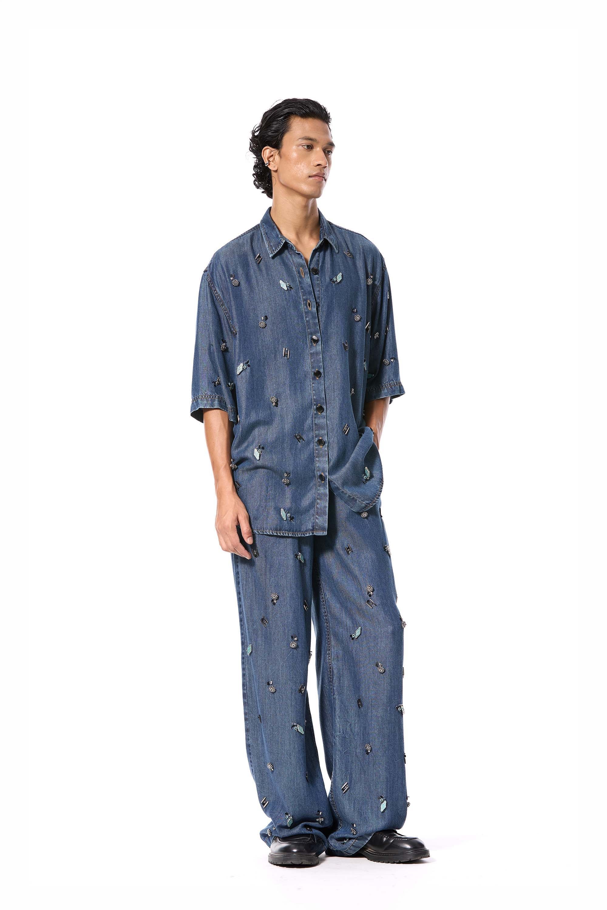 DUSKEI' EMBELLISHED DENIM SHIRT - Kanika Goyal Label