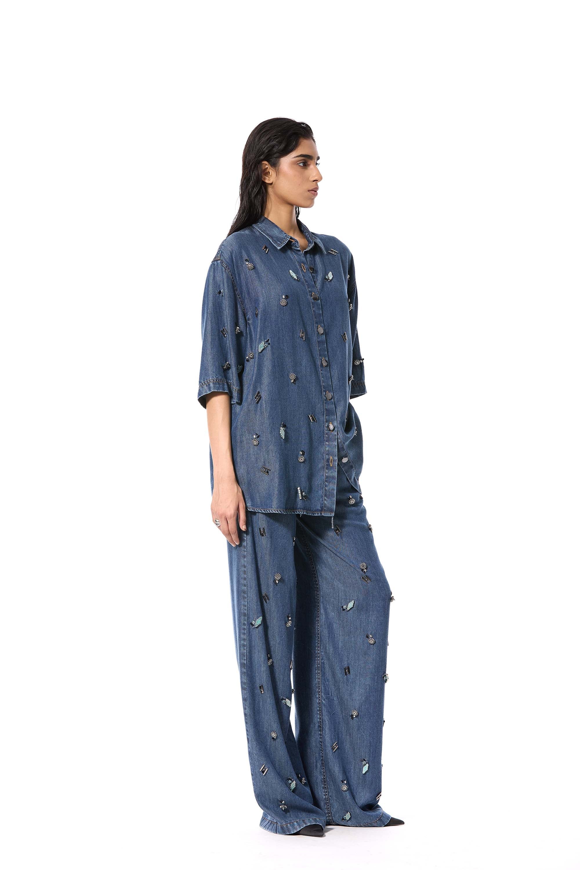 DUSKEI' EMBELLISHED DENIM SHIRT - Kanika Goyal Label