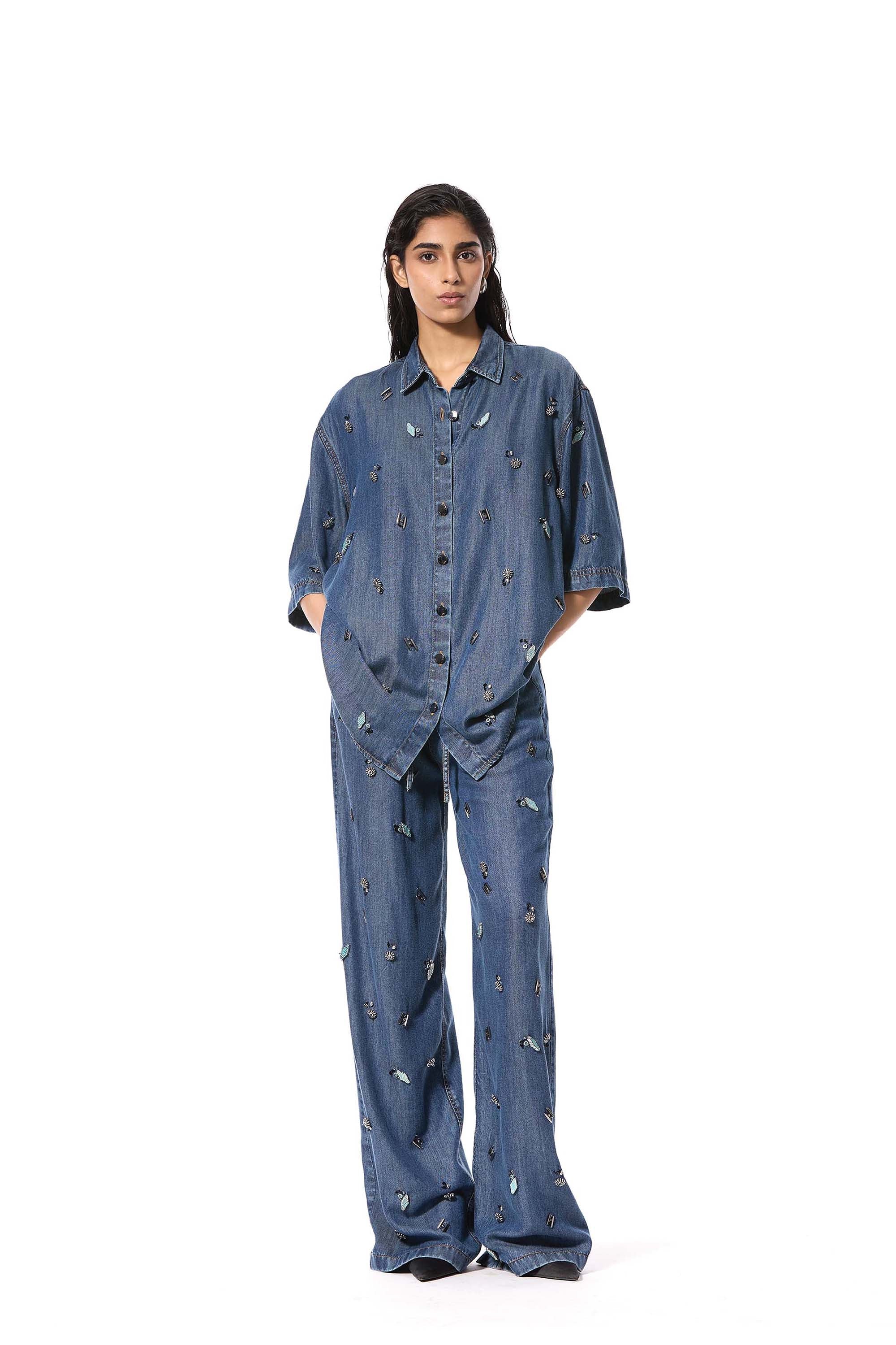 DUSKEI' EMBELLISHED DENIM SHIRT - Kanika Goyal Label