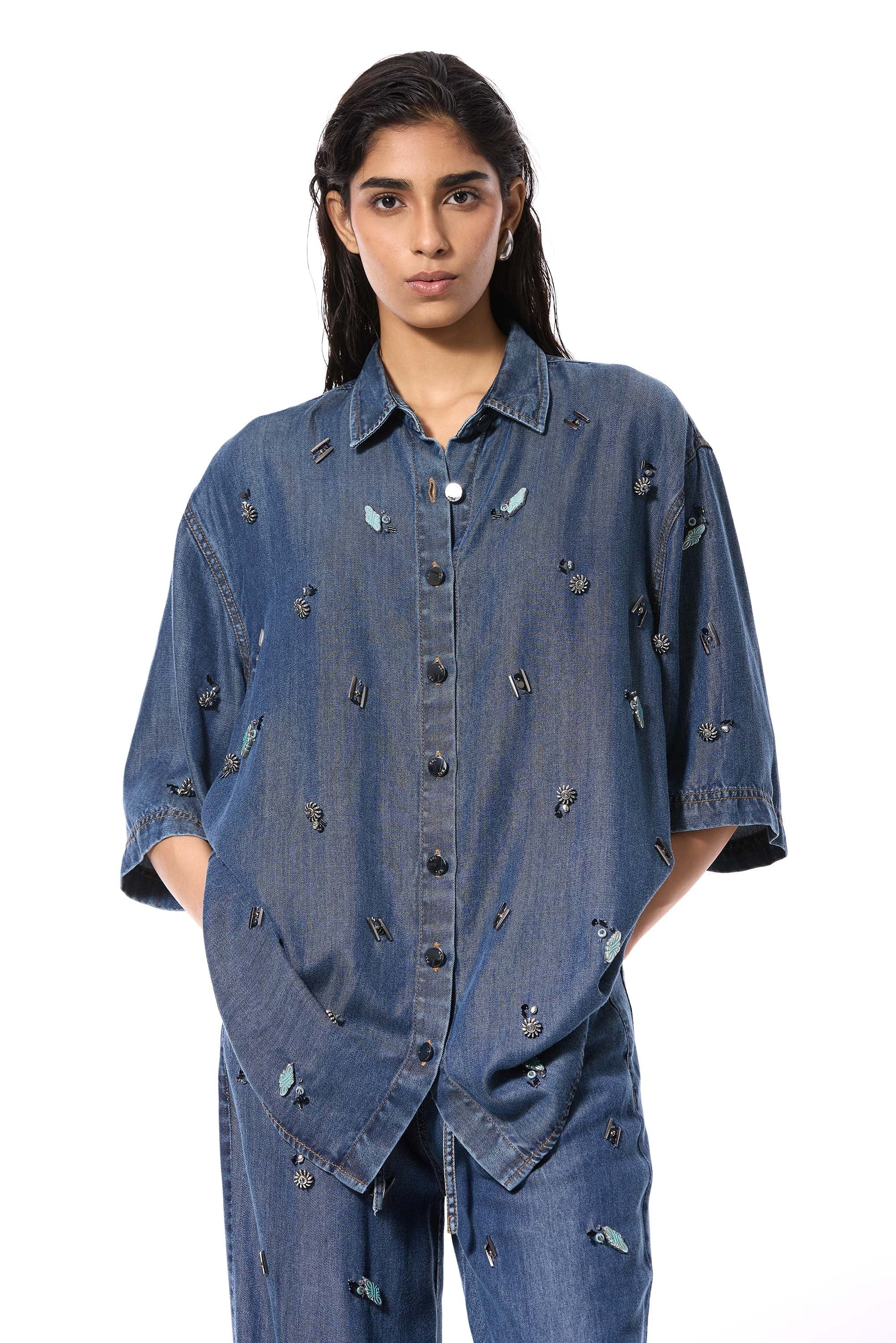 DUSKEI' EMBELLISHED DENIM SHIRT - Kanika Goyal Label