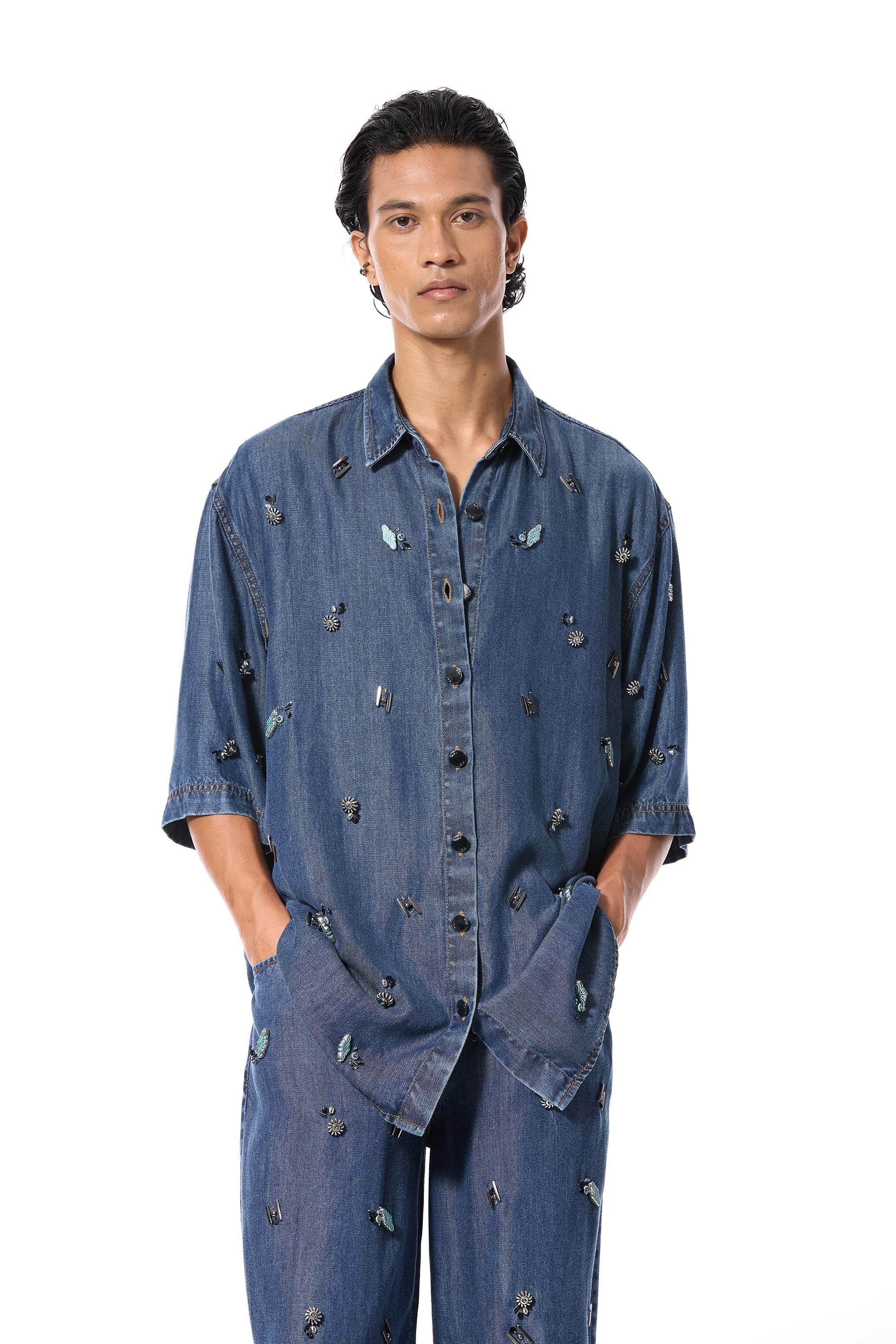 DUSKEI' EMBELLISHED DENIM SHIRT - Kanika Goyal Label