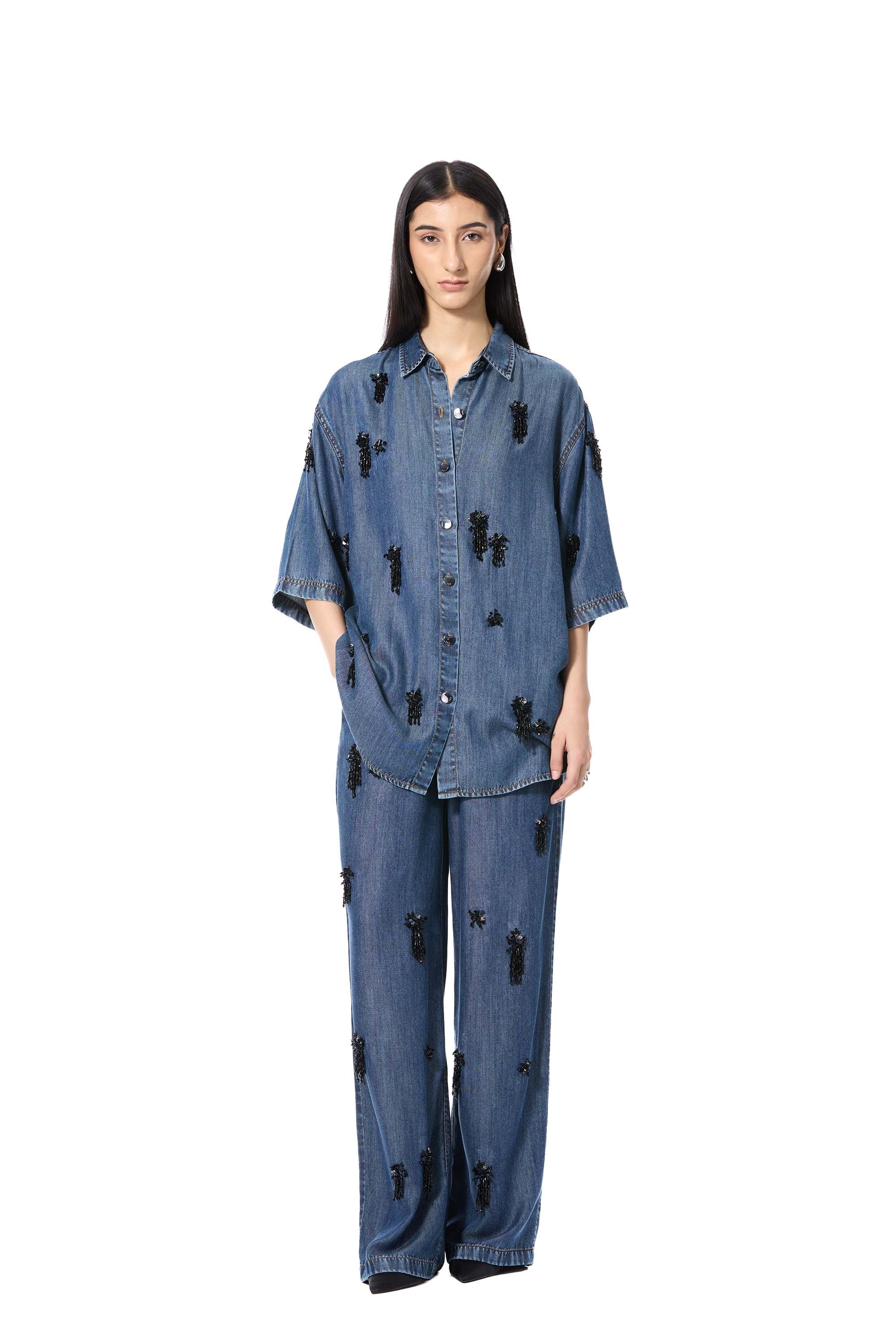 ELIX' EMBELLISHED DENIM PANTS - Kanika Goyal Label