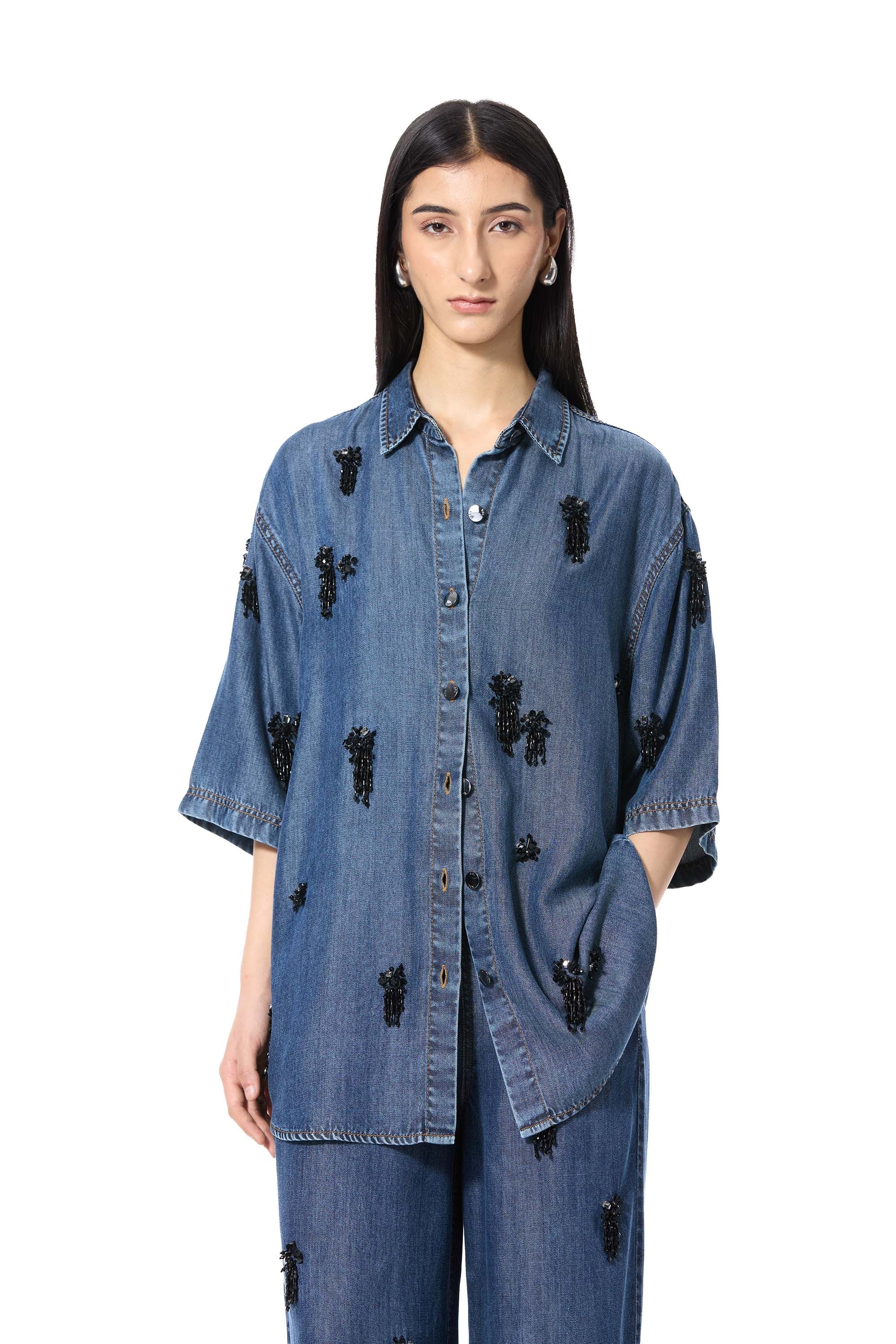 ELIX' EMBELLISHED DENIM SHIRT - Kanika Goyal Label