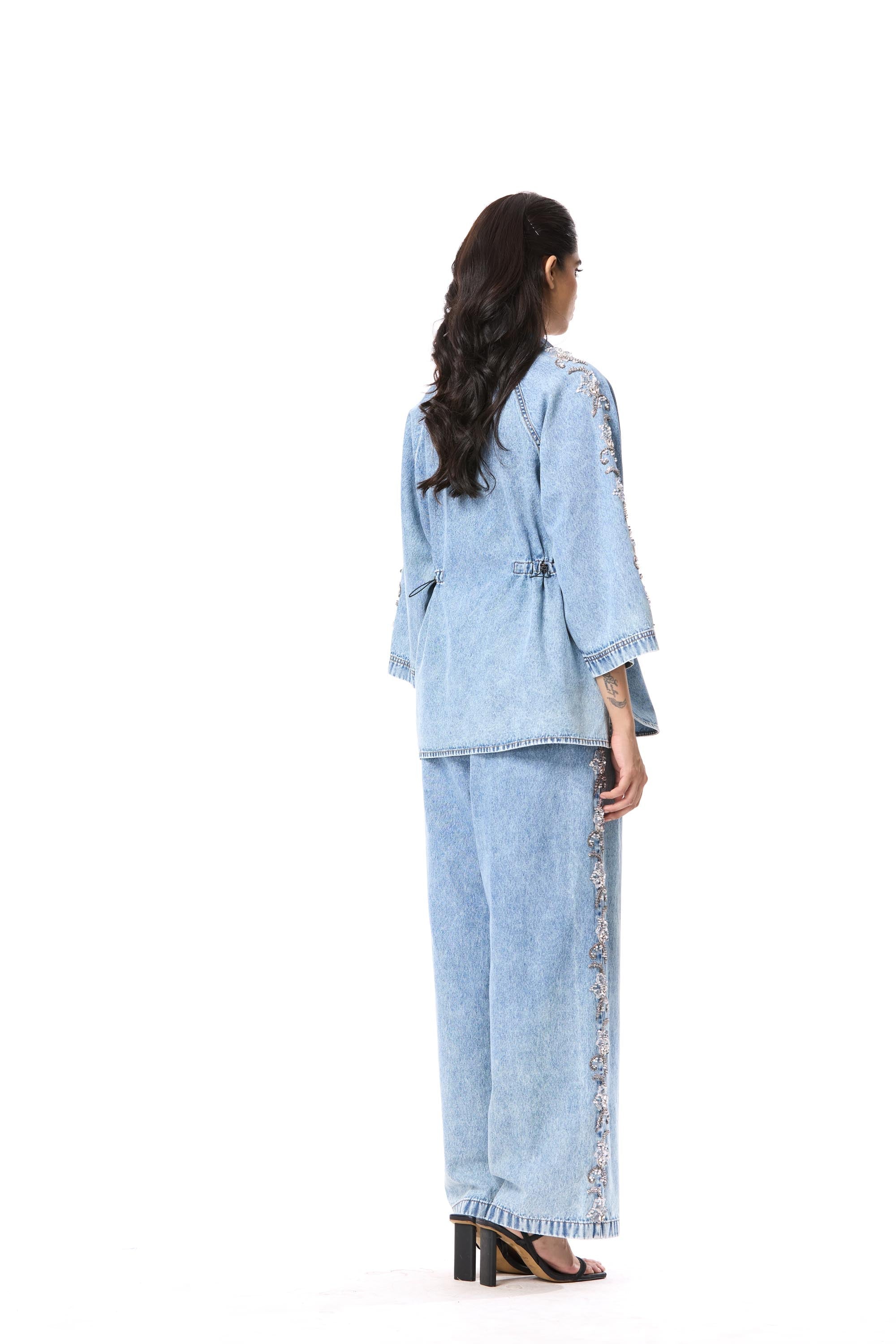 'FLORALIGN' EMBELLISHED DENIM PANTS - Kanika Goyal Label