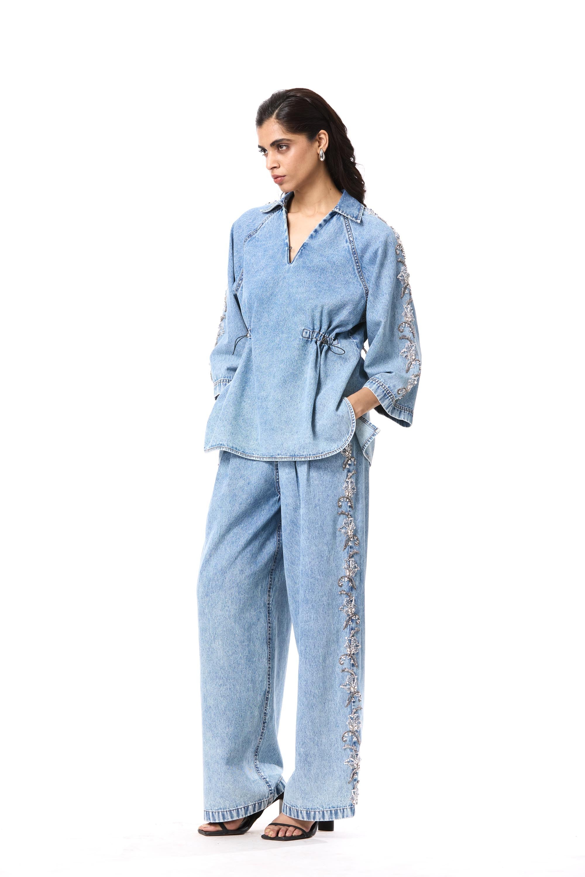 'FLORALIGN' EMBELLISHED DENIM PANTS - Kanika Goyal Label