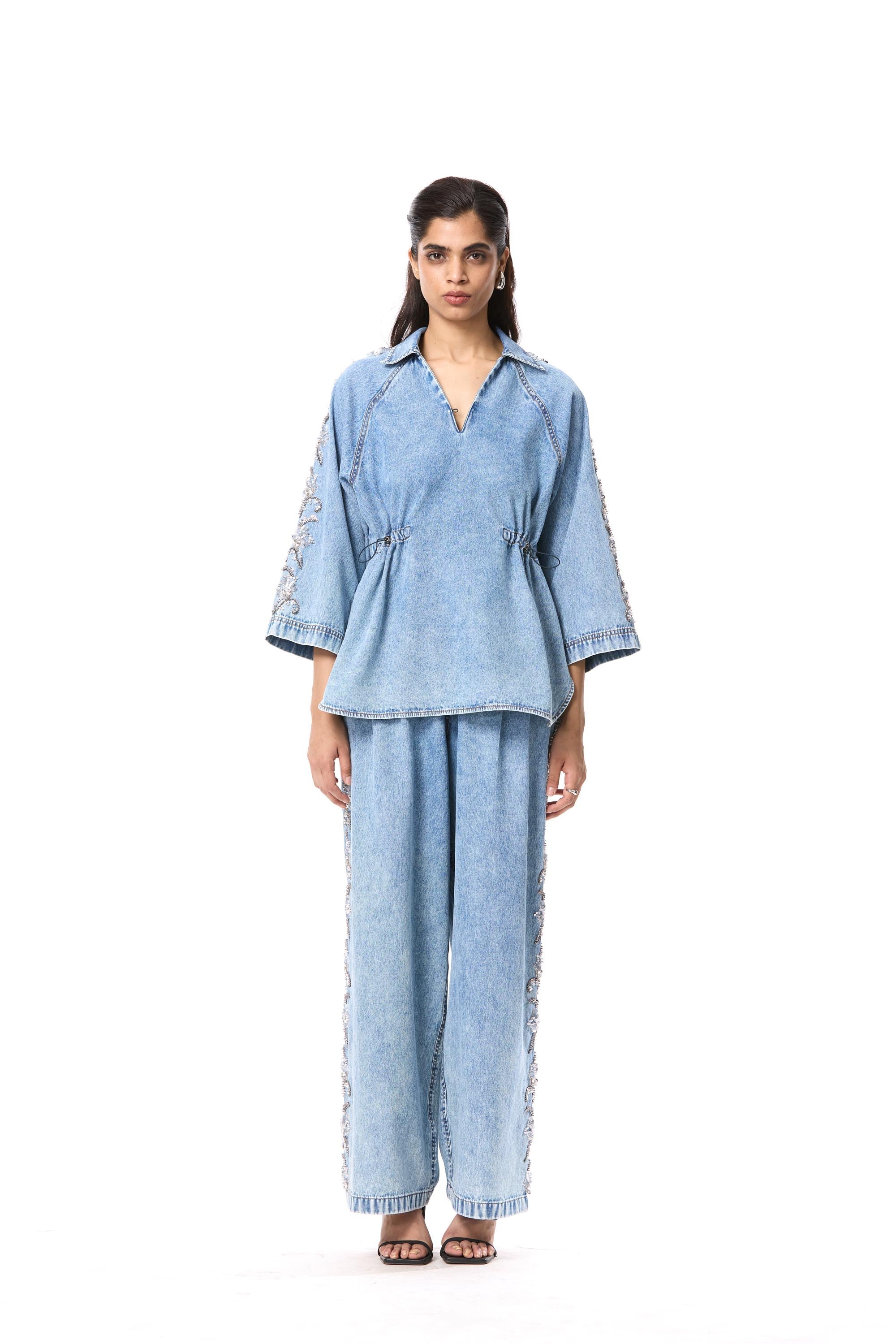 'FLORALIGN' EMBELLISHED DENIM PANTS - Kanika Goyal Label