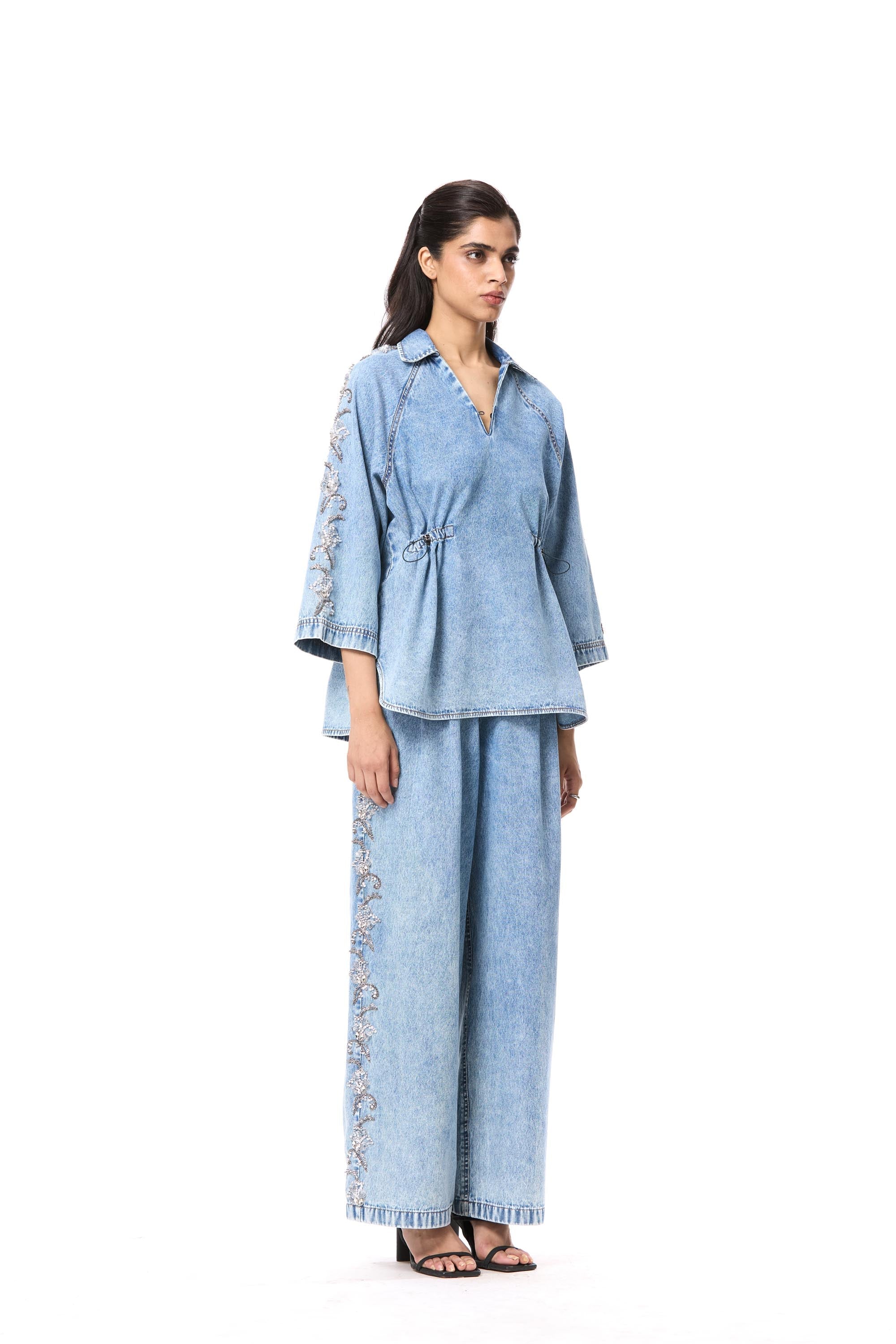'FLORALIGN' EMBELLISHED DENIM TOP - Kanika Goyal Label