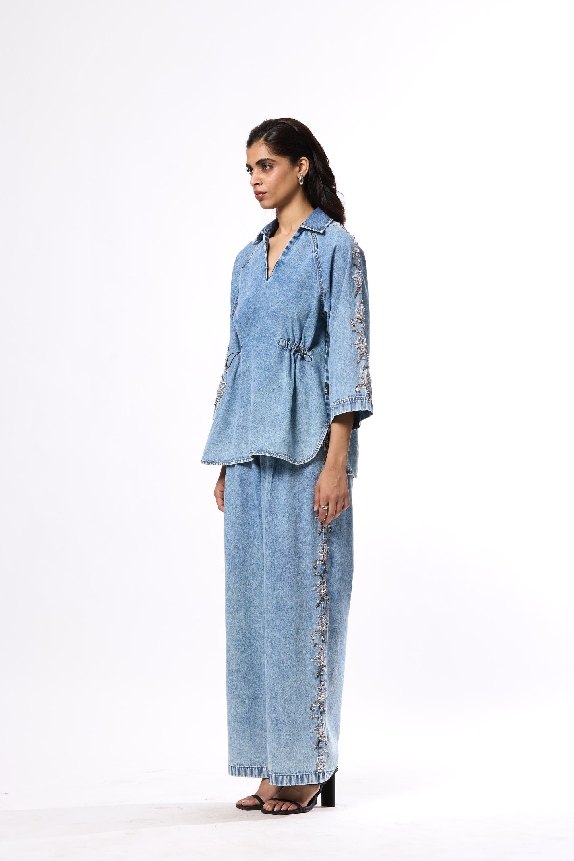 'FLORALIGN' EMBELLISHED DENIM TOP - Kanika Goyal Label