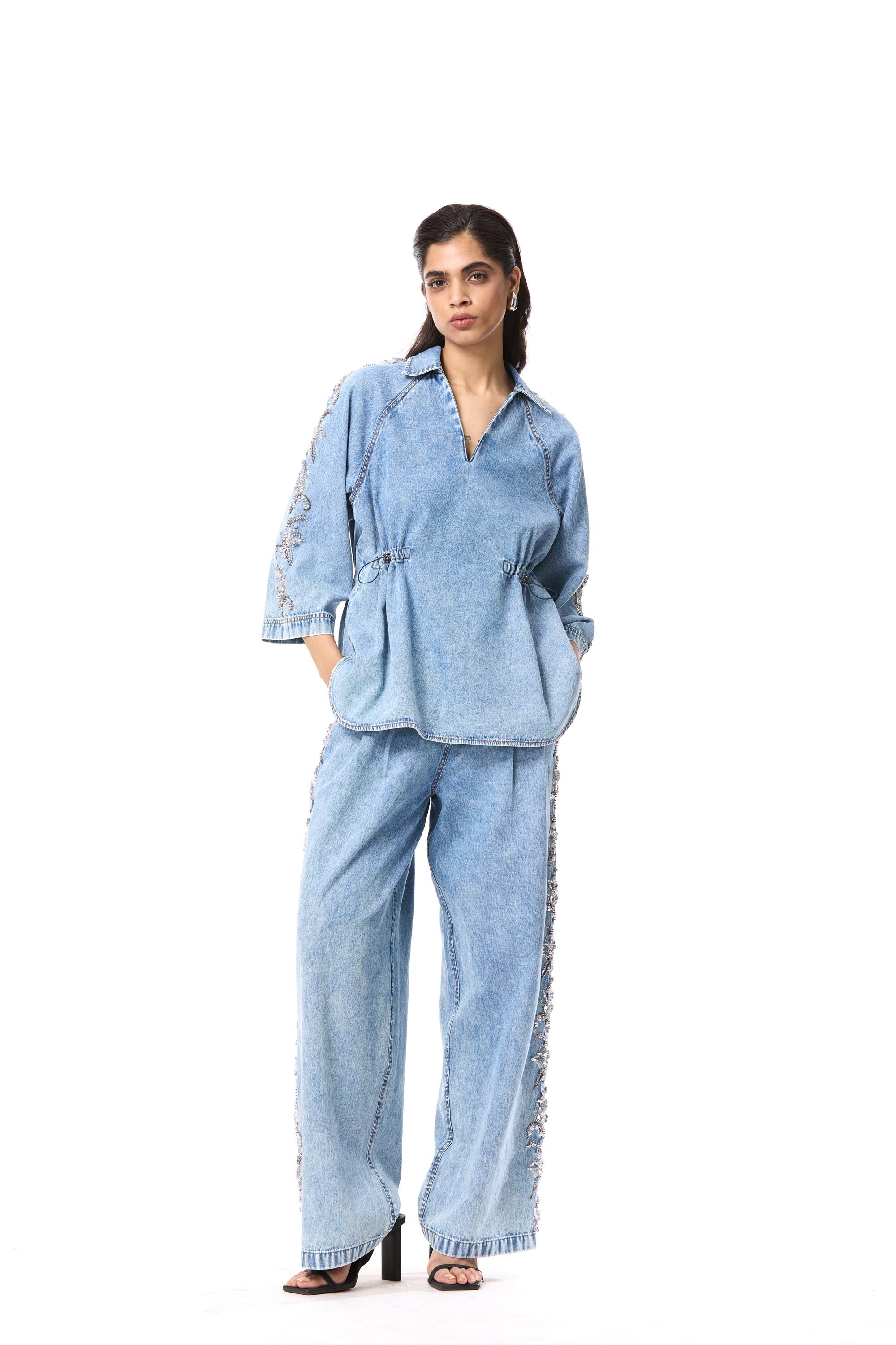 'FLORALIGN' EMBELLISHED DENIM TOP - Kanika Goyal Label