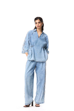 'FLORALIGN' EMBELLISHED DENIM TOP - Kanika Goyal Label