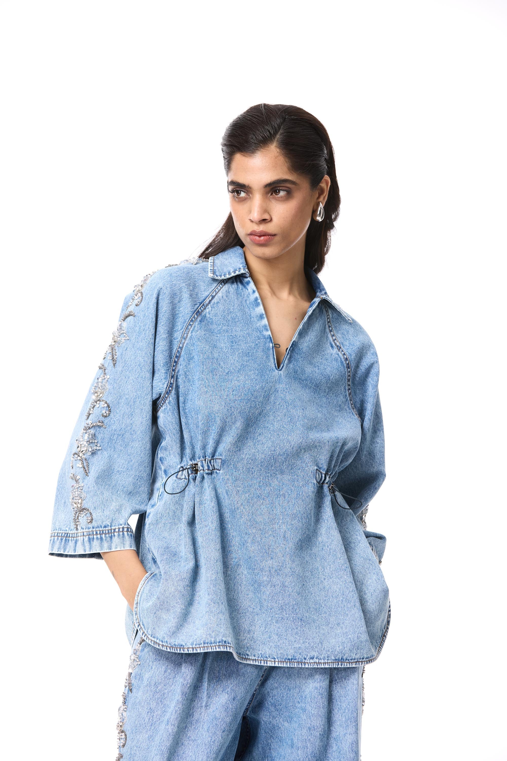 'FLORALIGN' EMBELLISHED DENIM TOP - Kanika Goyal Label