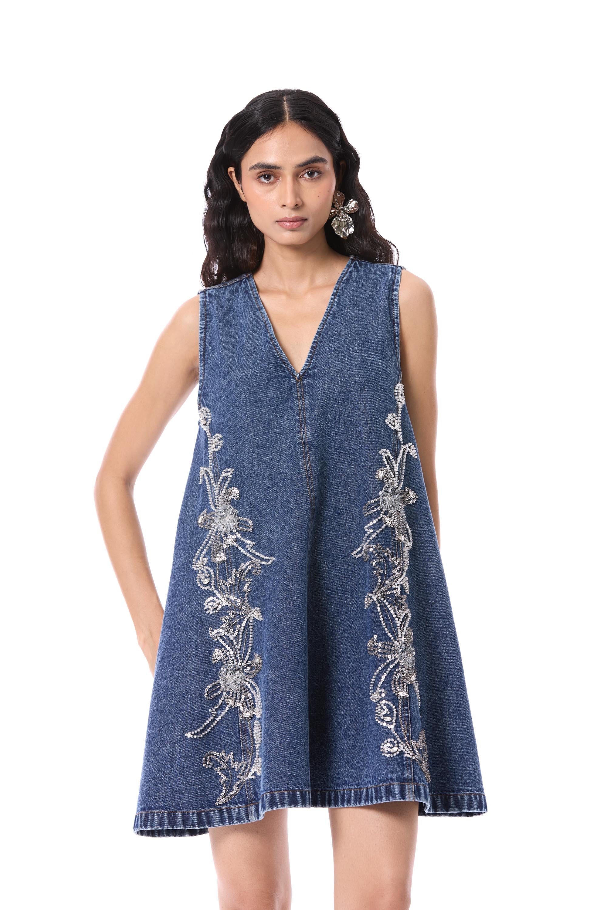 LARKSPUR' EMBELLISHED DENIM DRESS - Kanika Goyal Label