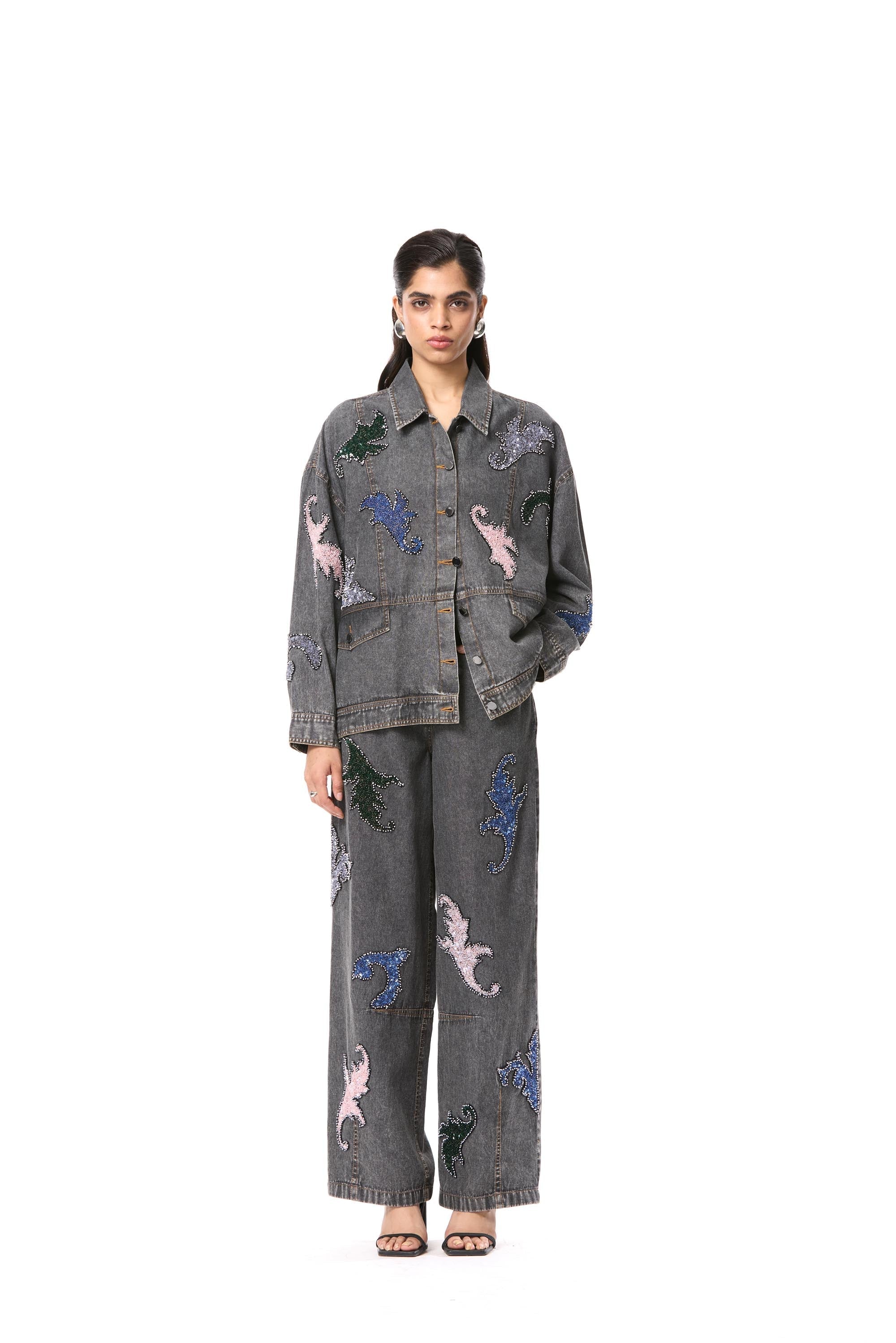 'NYTHERA' EMBELLISHED DENIM PANT - Kanika Goyal Label