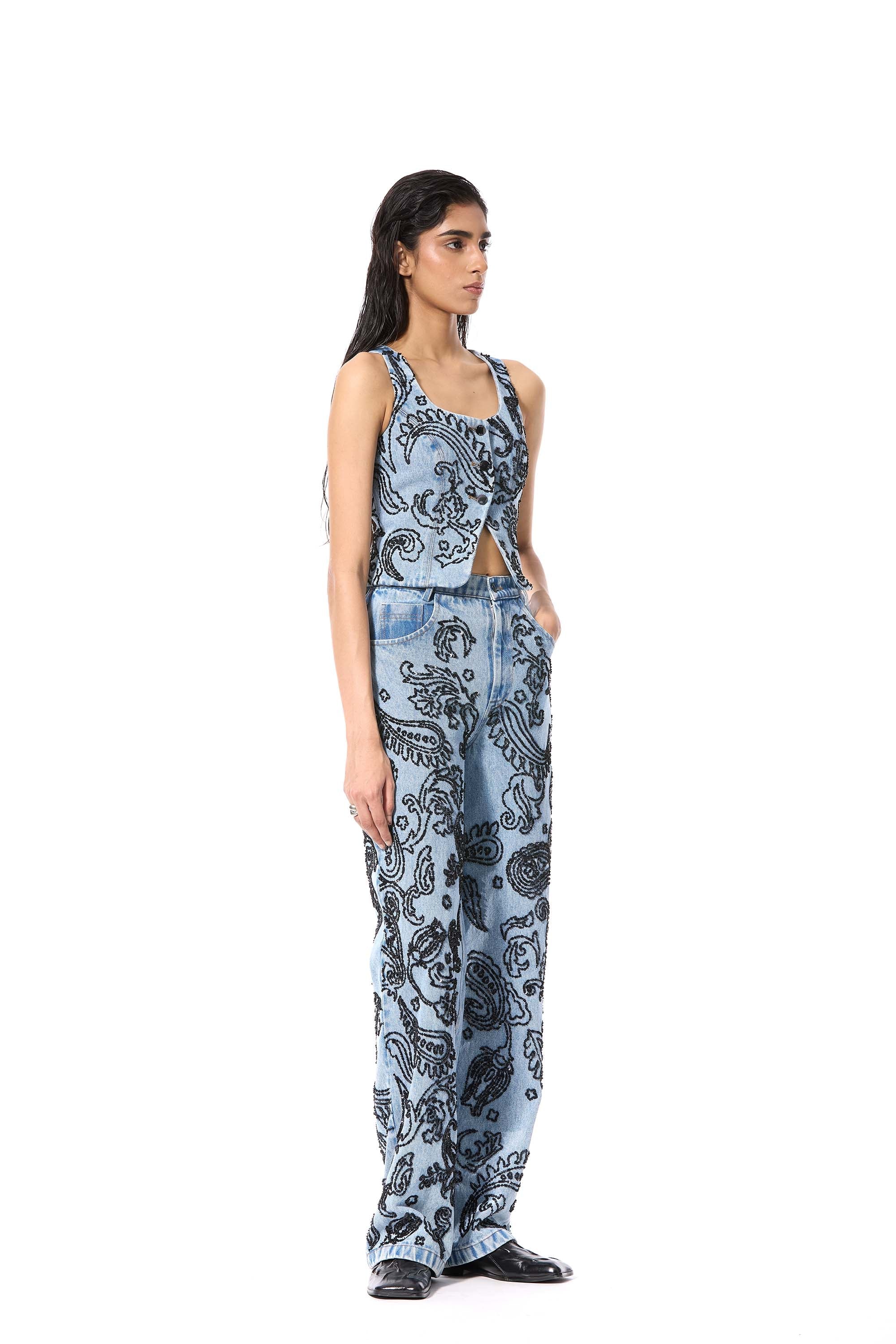 PAISFLARE' EMBELLISHED DENIM PANTS - Kanika Goyal Label