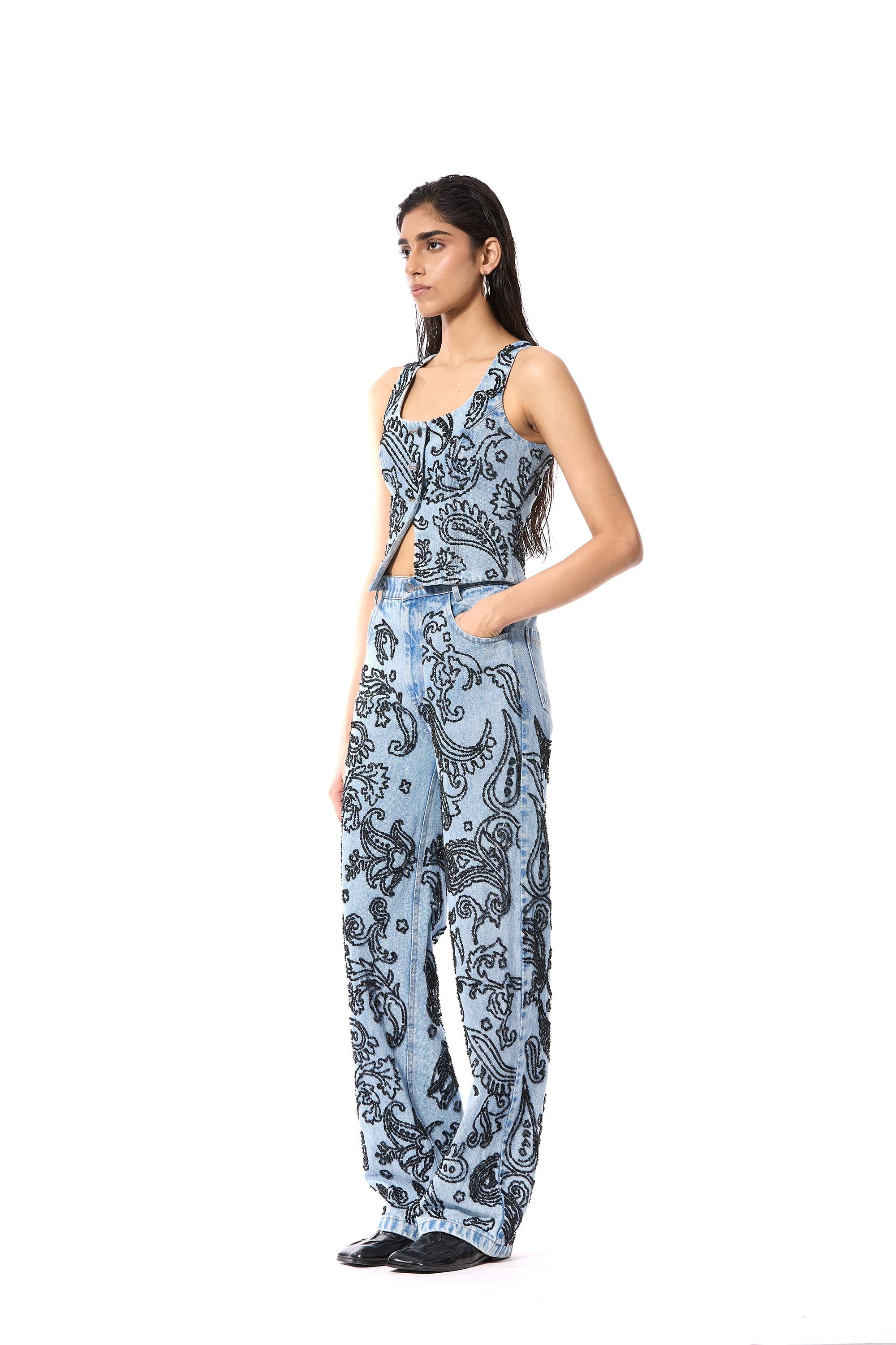 PAISFLARE' EMBELLISHED DENIM VEST - Kanika Goyal Label