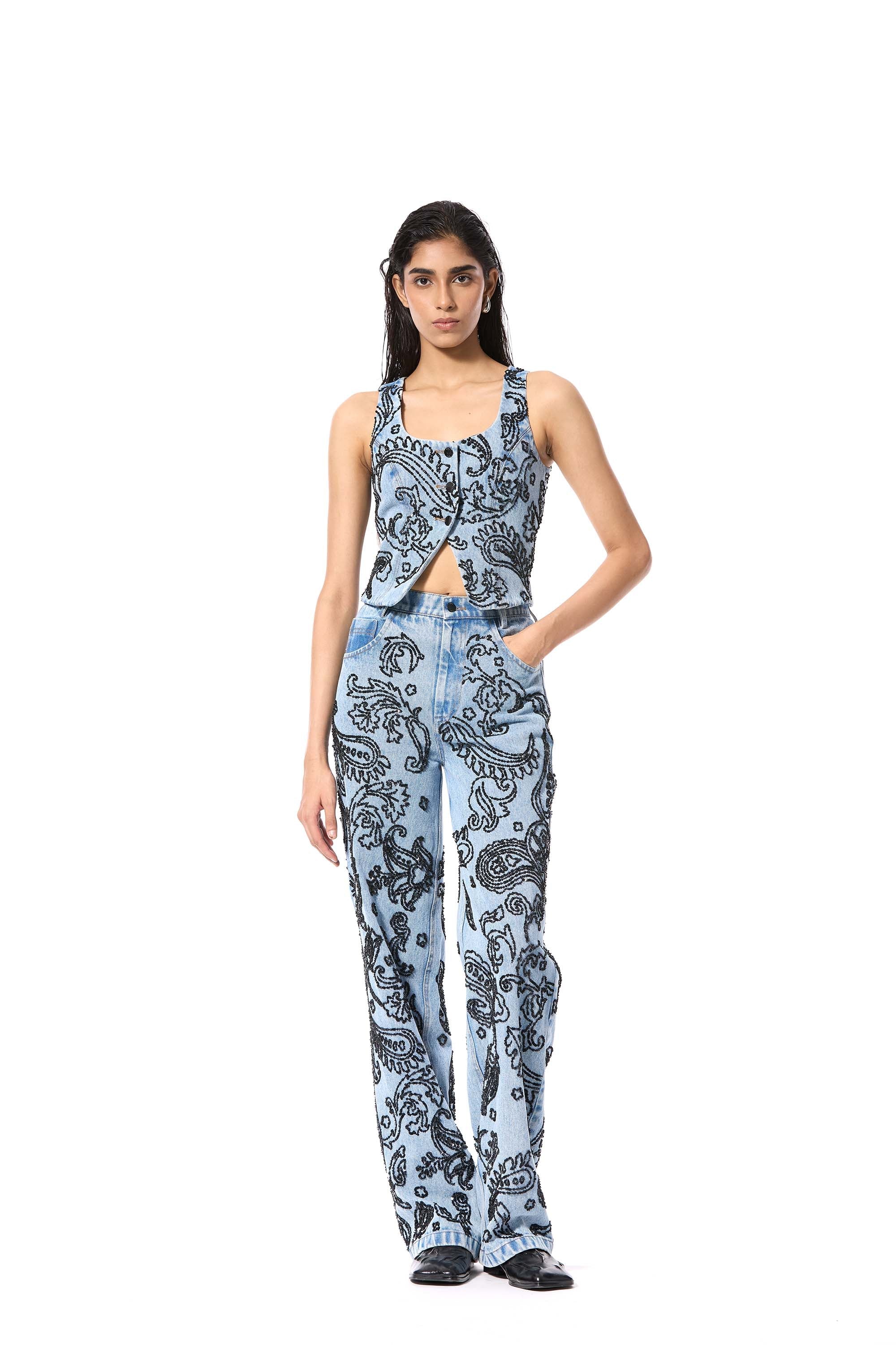 PAISFLARE' EMBELLISHED DENIM VEST - Kanika Goyal Label