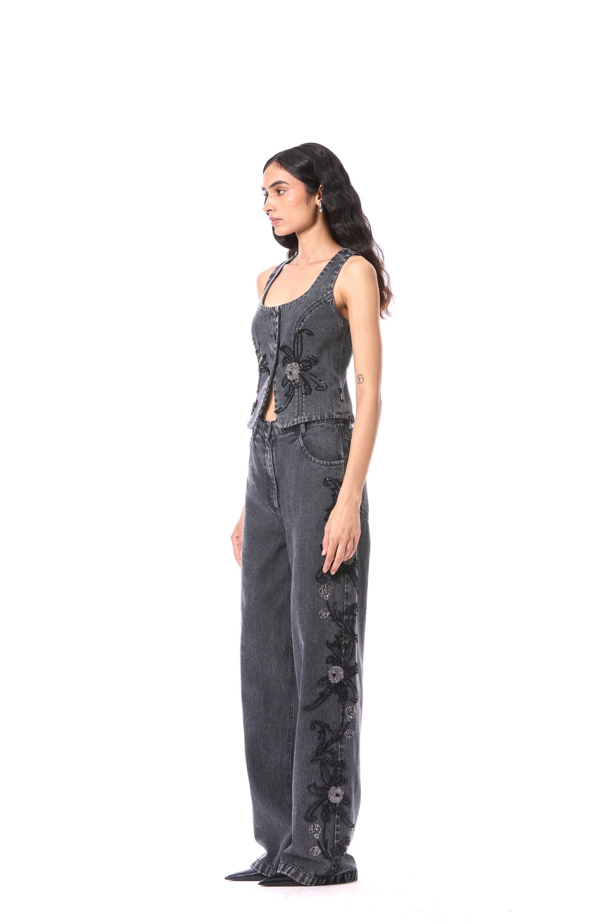 PETAL PUNK' EMBELLISHED DENIM PANTS - Kanika Goyal Label
