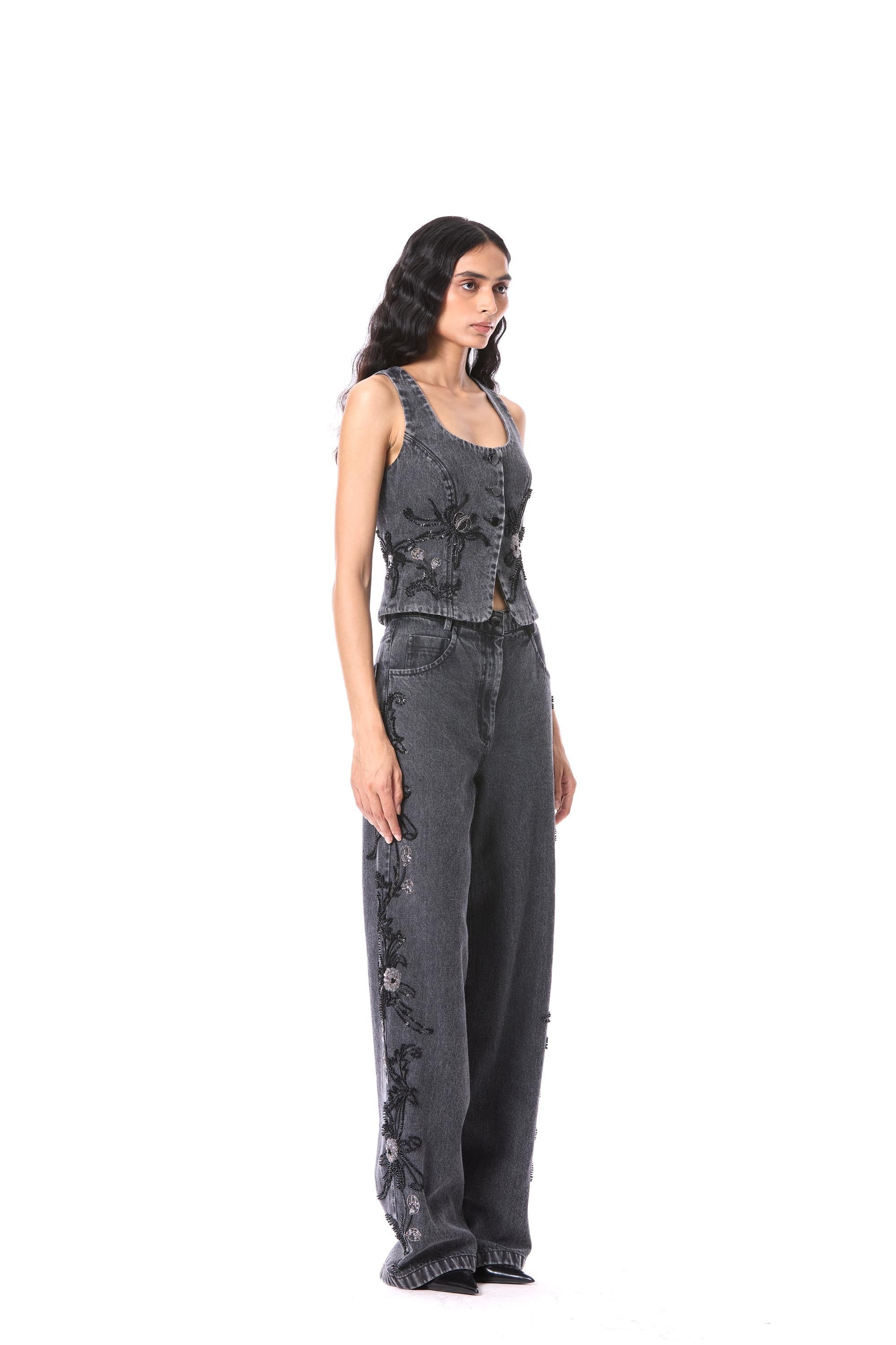 PETAL PUNK' EMBELLISHED DENIM PANTS - Kanika Goyal Label