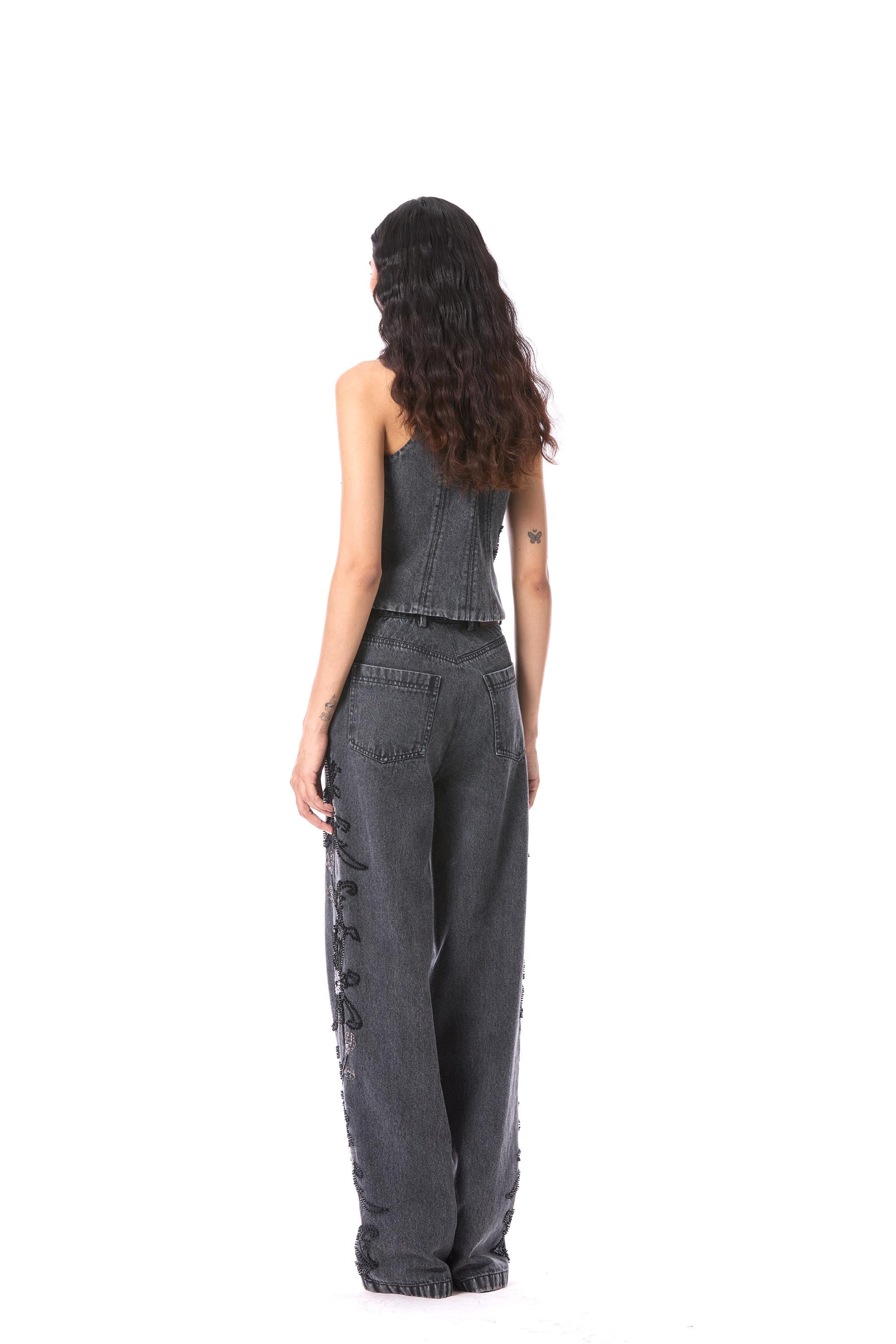PETAL PUNK' EMBELLISHED DENIM PANTS - Kanika Goyal Label