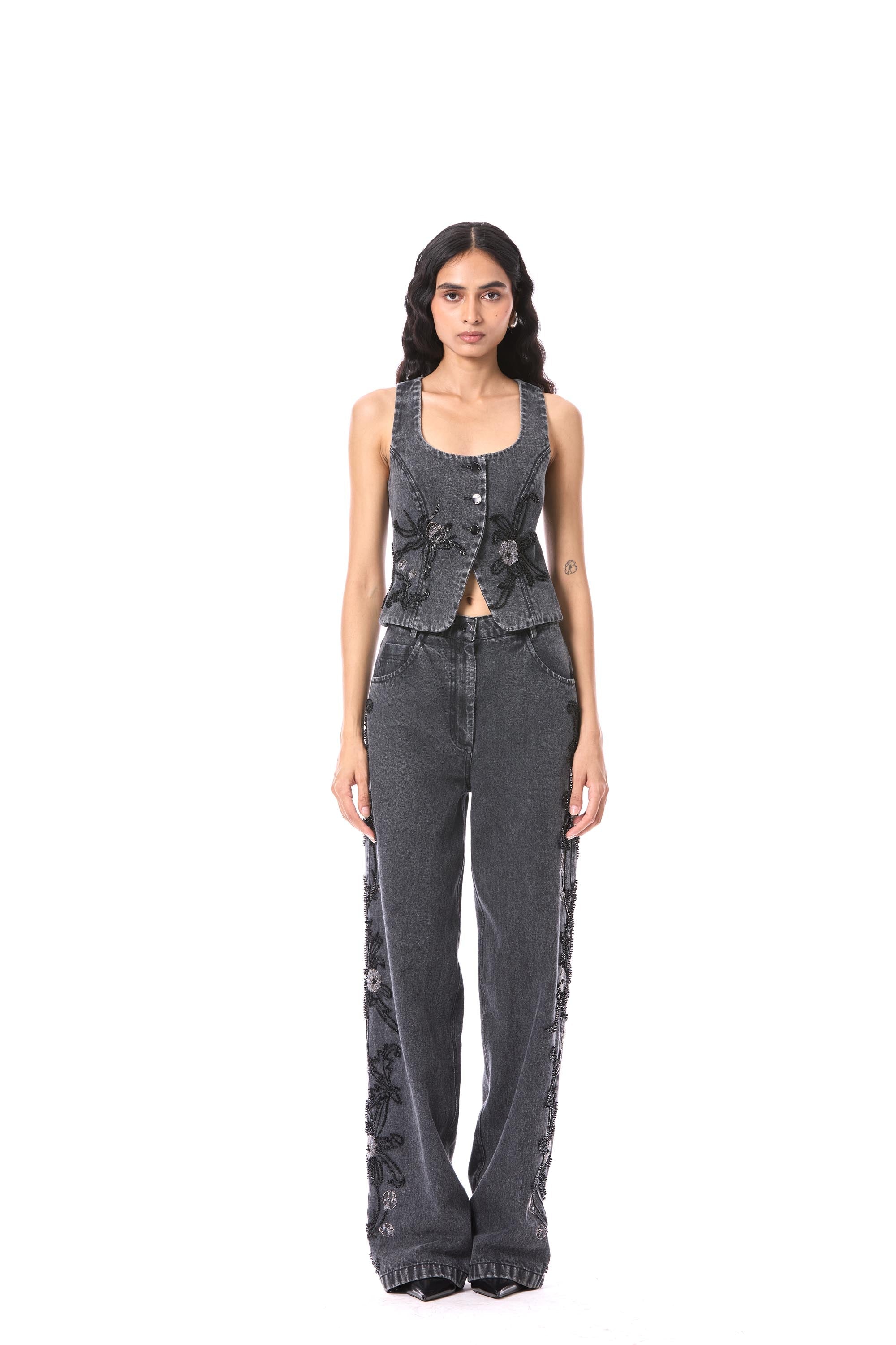 PETAL PUNK' EMBELLISHED DENIM VEST - Kanika Goyal Label