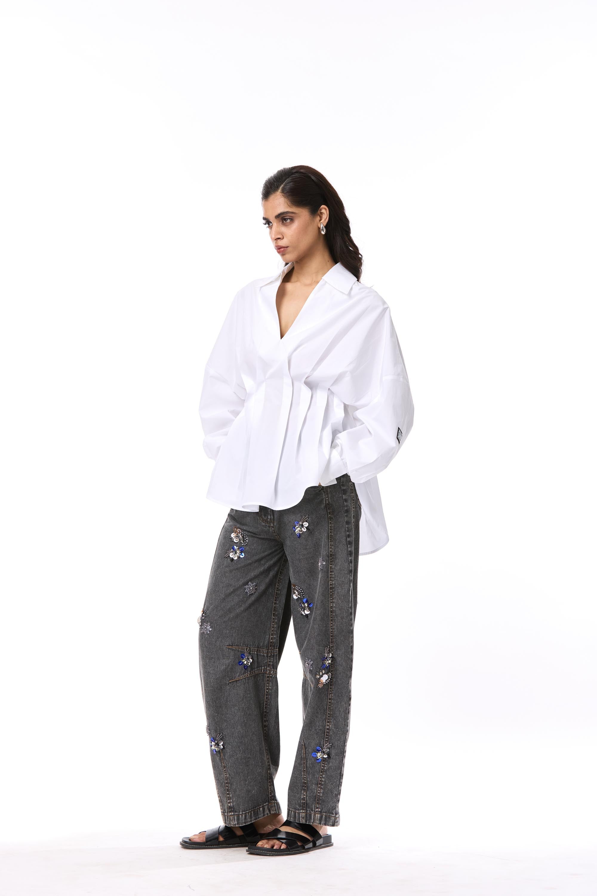 'SKYLUME' BLACK EMBELLISHED DENIM PANTS - Kanika Goyal Label