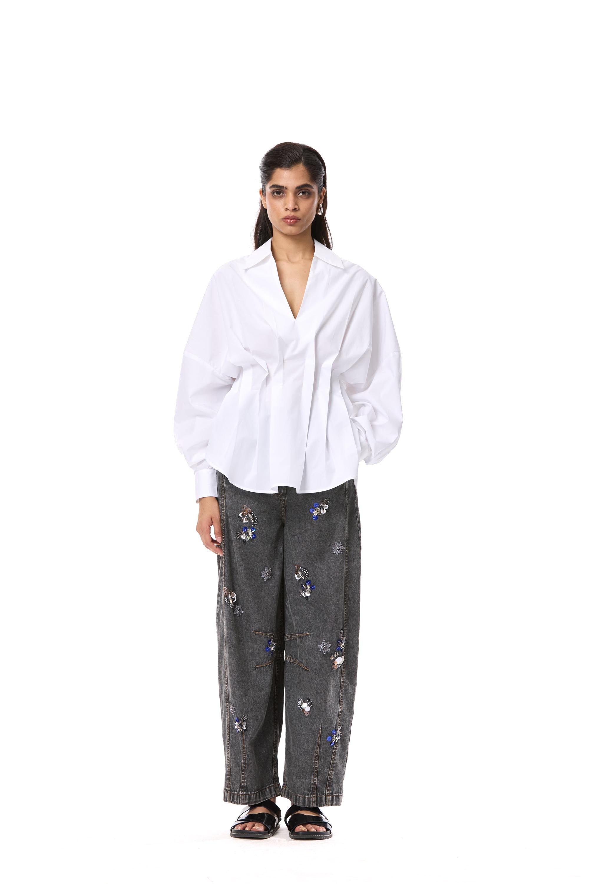 'SKYLUME' BLACK EMBELLISHED DENIM PANTS - Kanika Goyal Label