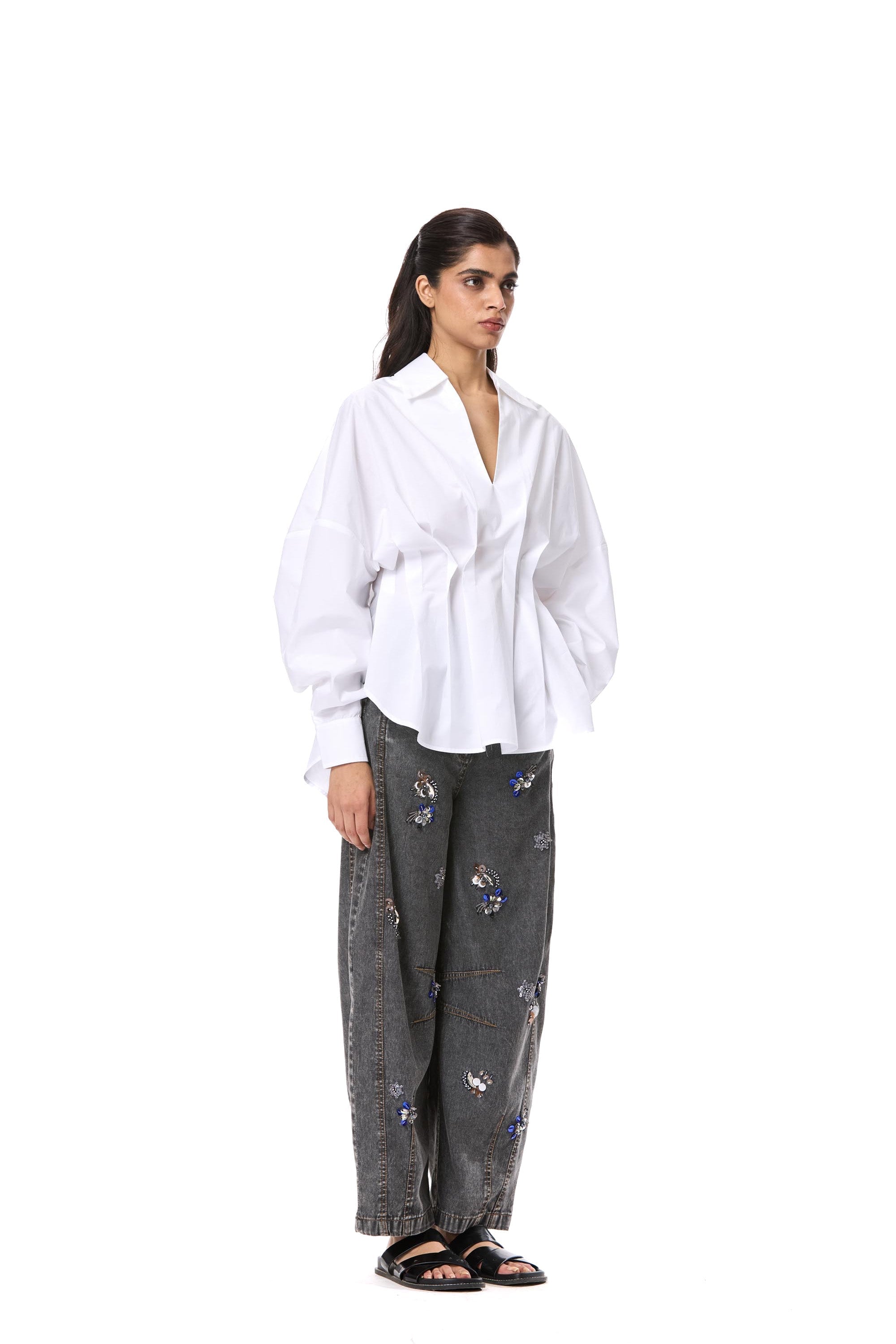 'SKYLUME' BLACK EMBELLISHED DENIM PANTS - Kanika Goyal Label