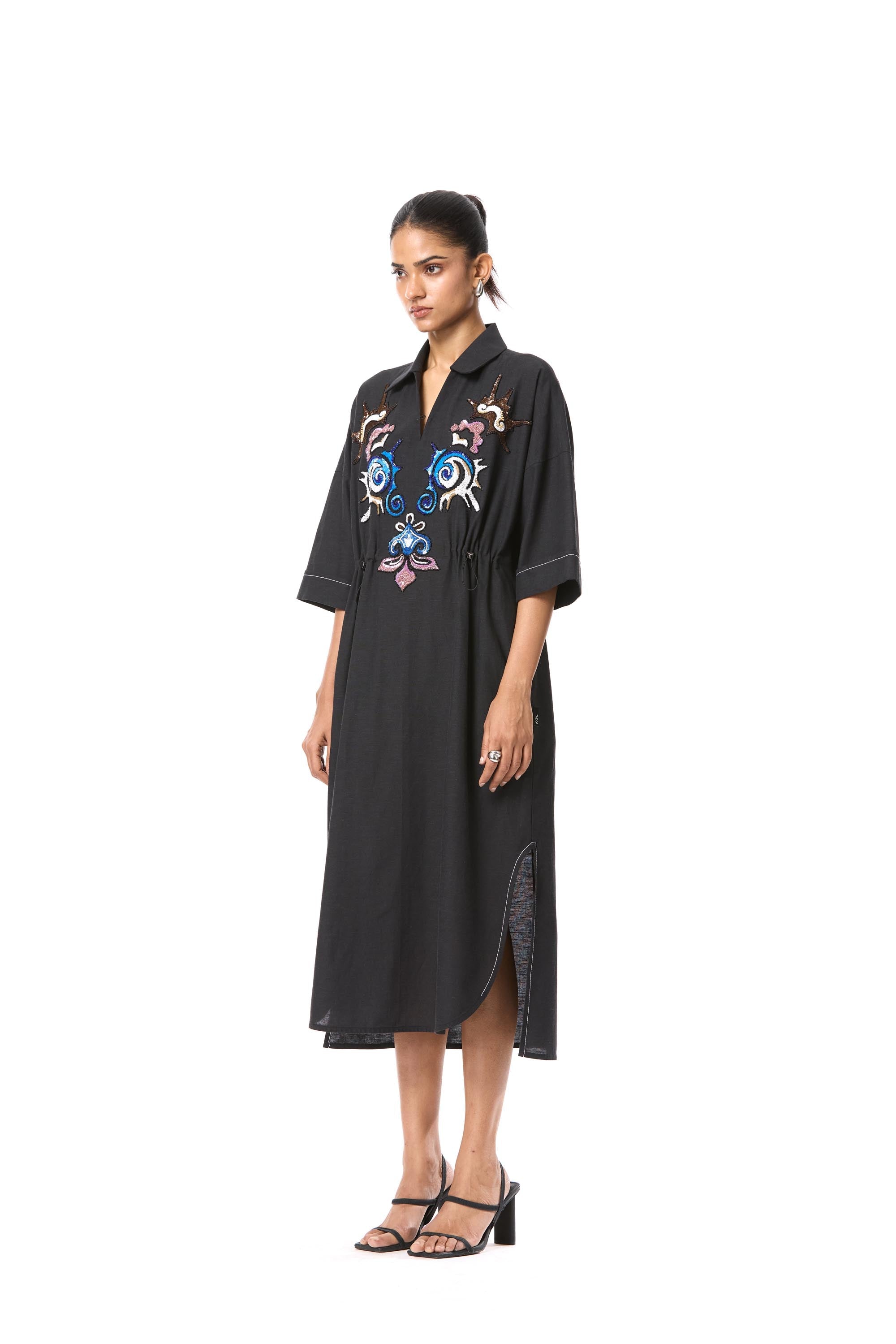 'SUN VEIL' EMBELLISHED LINEN MIDI DRESS - Kanika Goyal Label