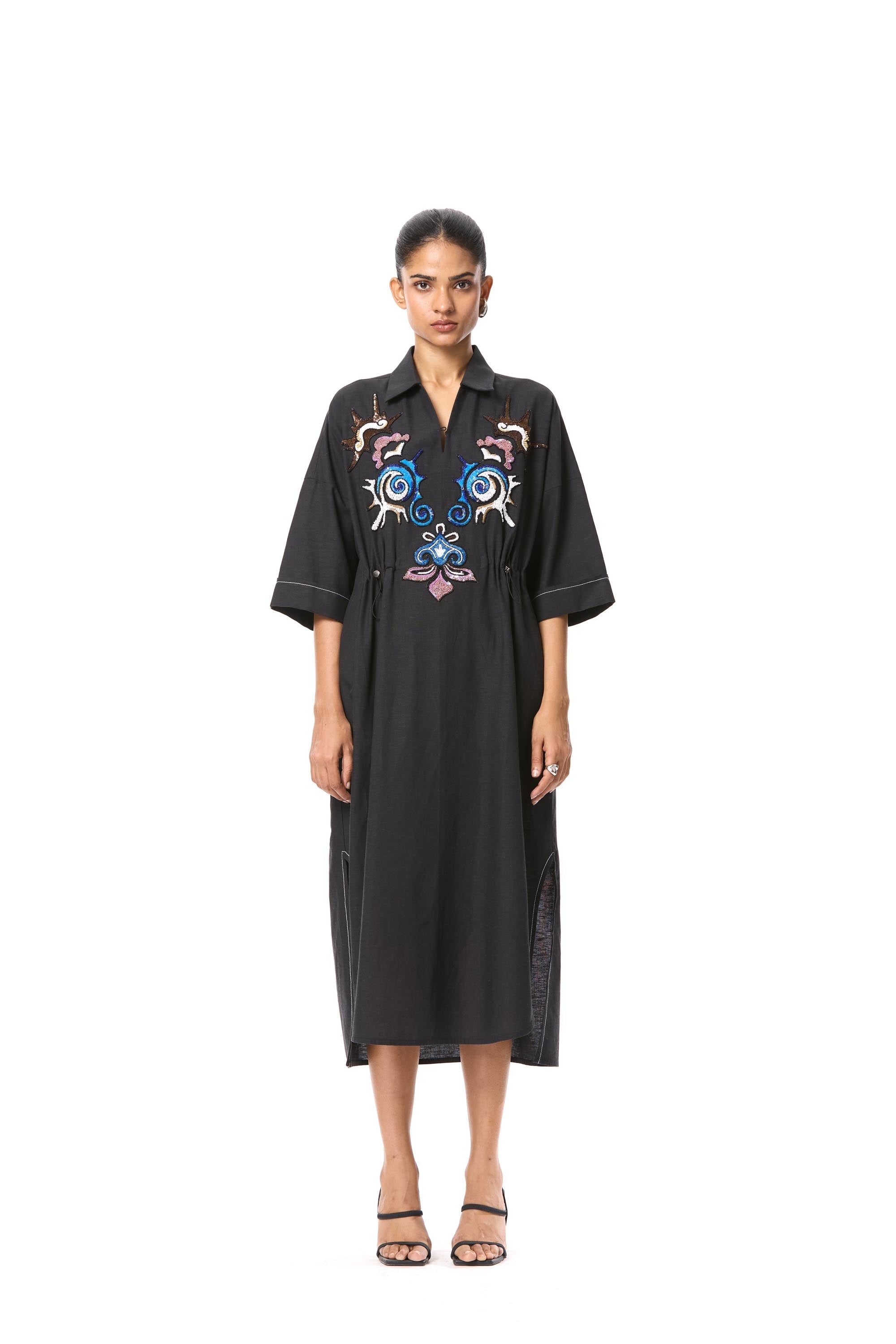 'SUN VEIL' EMBELLISHED LINEN MIDI DRESS - Kanika Goyal Label