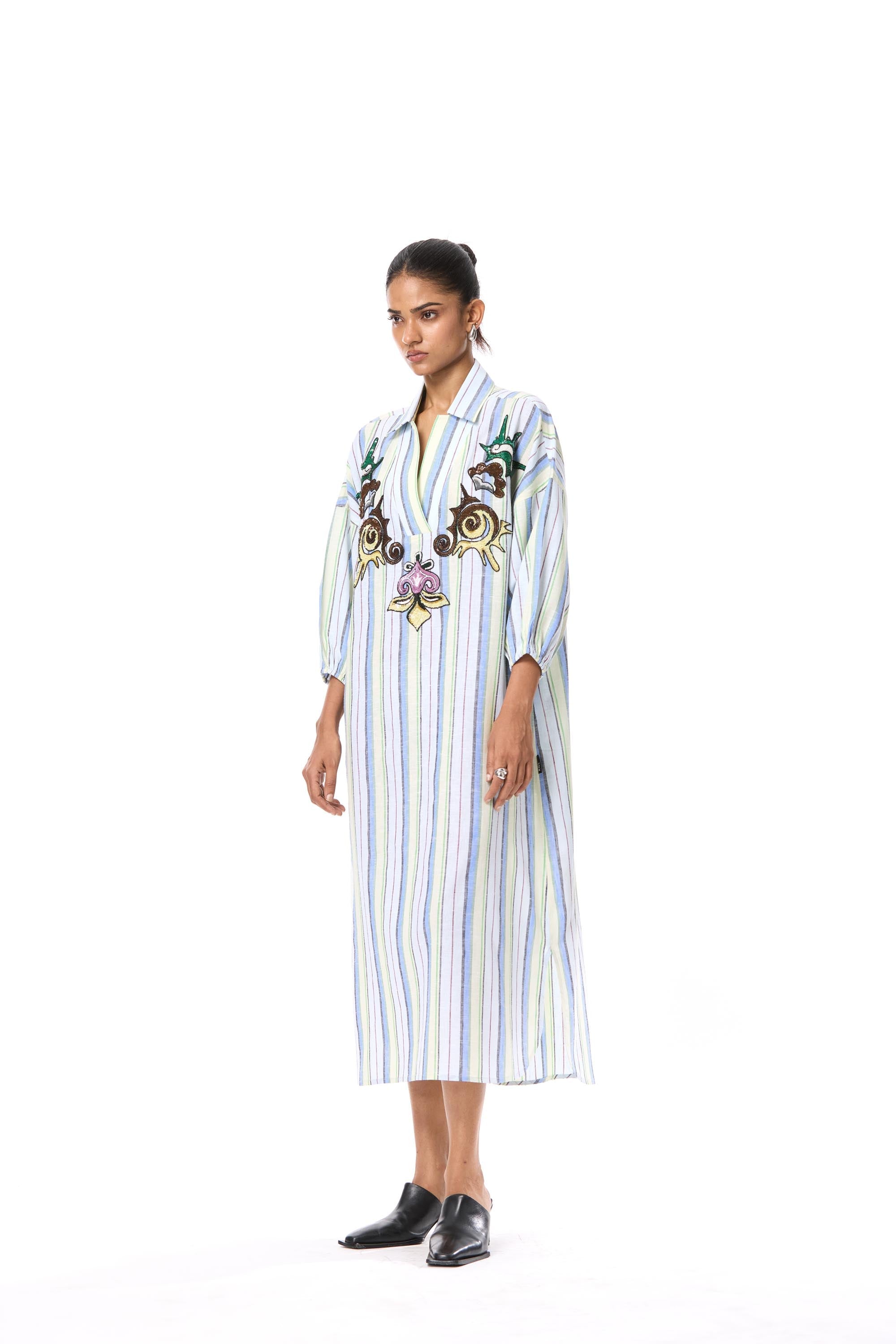 'SUN VEIL' EMBELLISHED LINEN MIDI DRESS - Kanika Goyal Label
