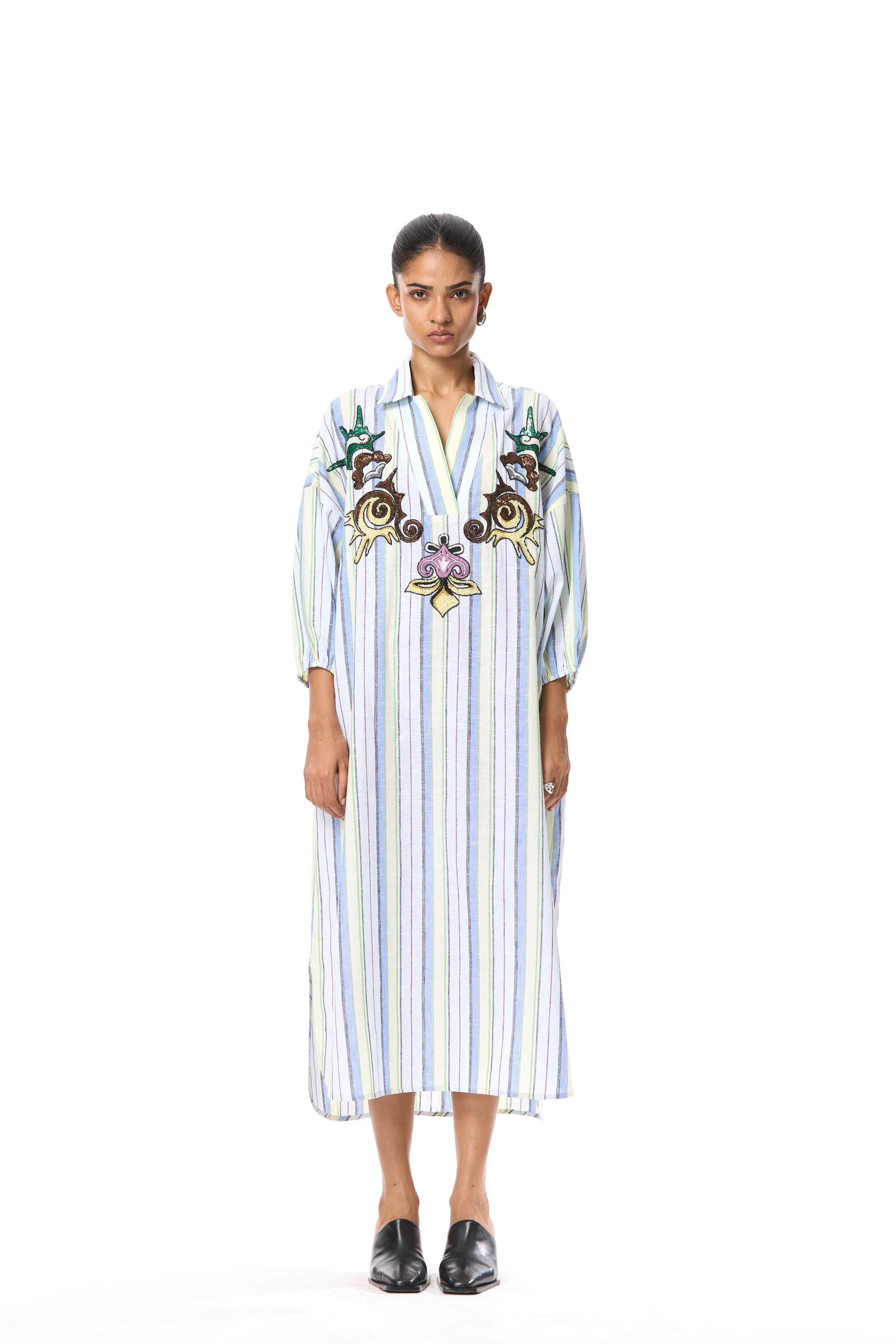 'SUN VEIL' EMBELLISHED LINEN MIDI DRESS - Kanika Goyal Label