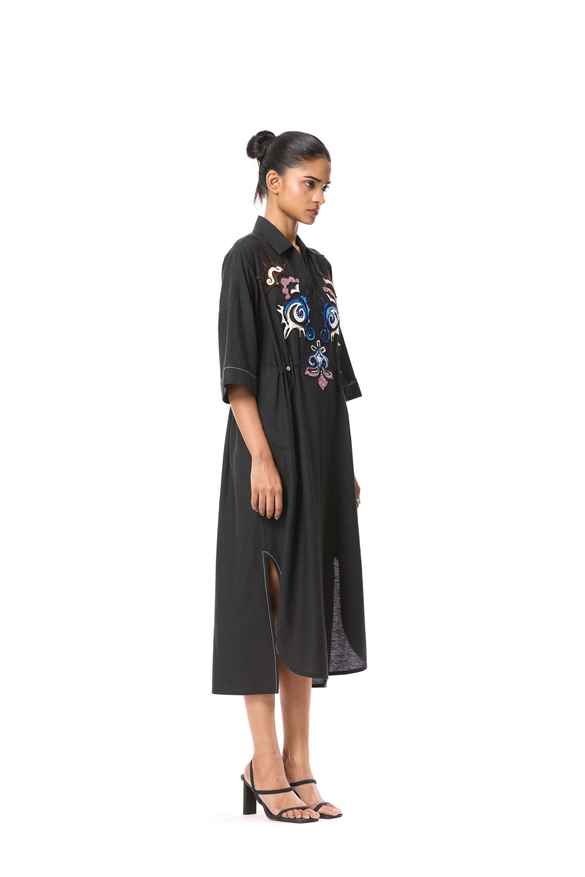 'SUN VEIL' EMBELLISHED LINEN MIDI DRESS - Kanika Goyal Label