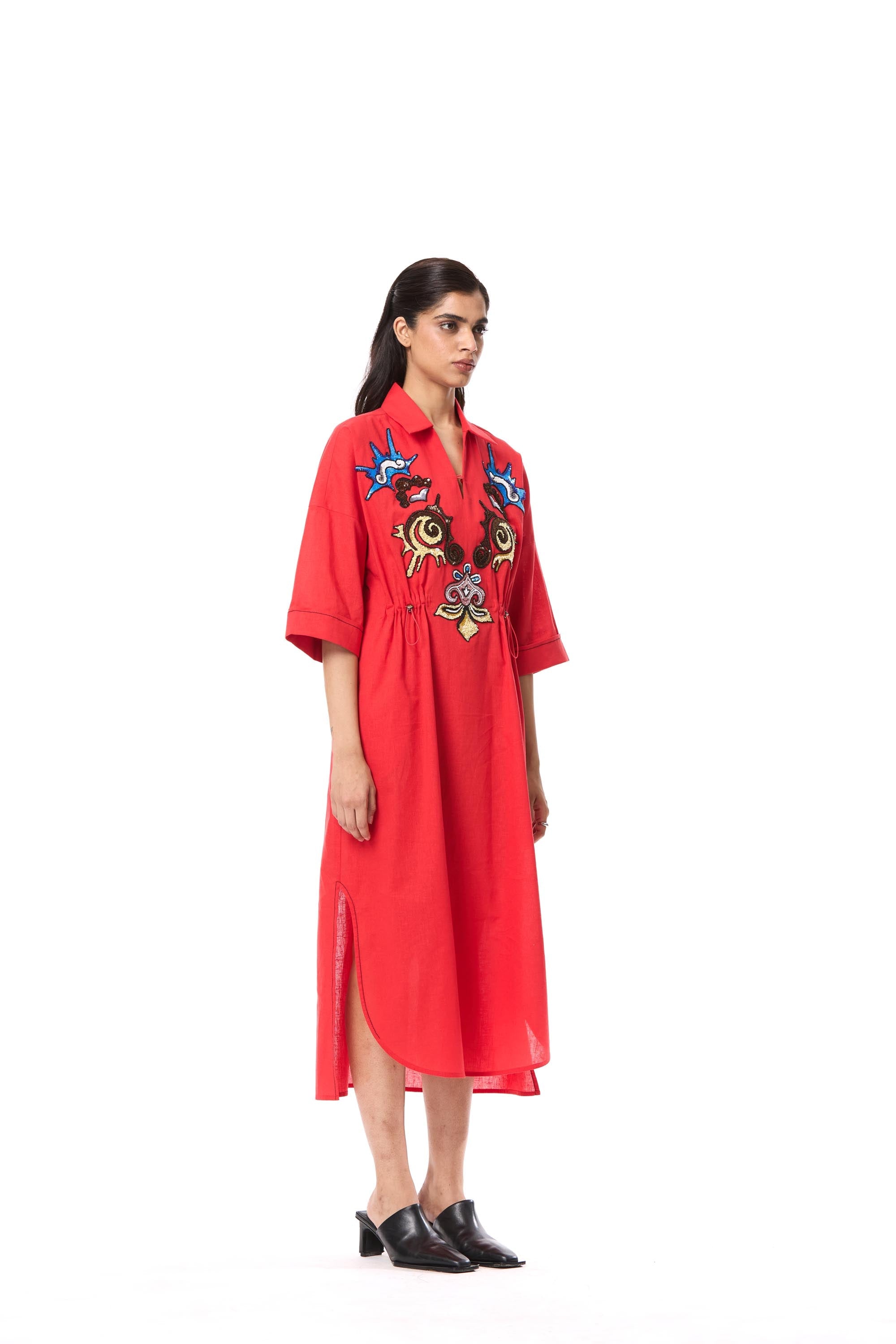 'SUN VEIL' EMBELLISHED LINEN MIDI DRESS - Kanika Goyal Label