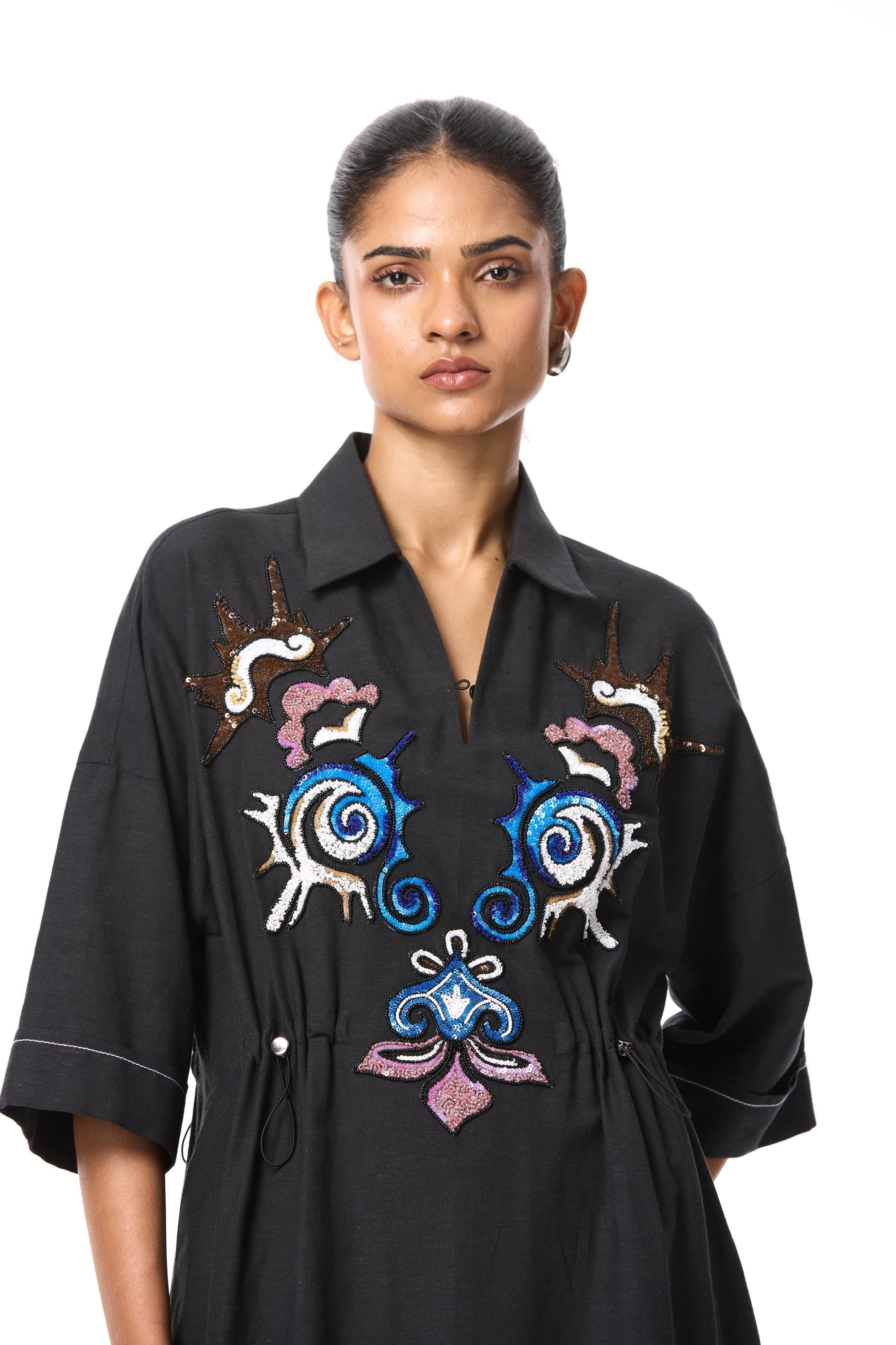 'SUN VEIL' EMBELLISHED LINEN MIDI DRESS - Kanika Goyal Label