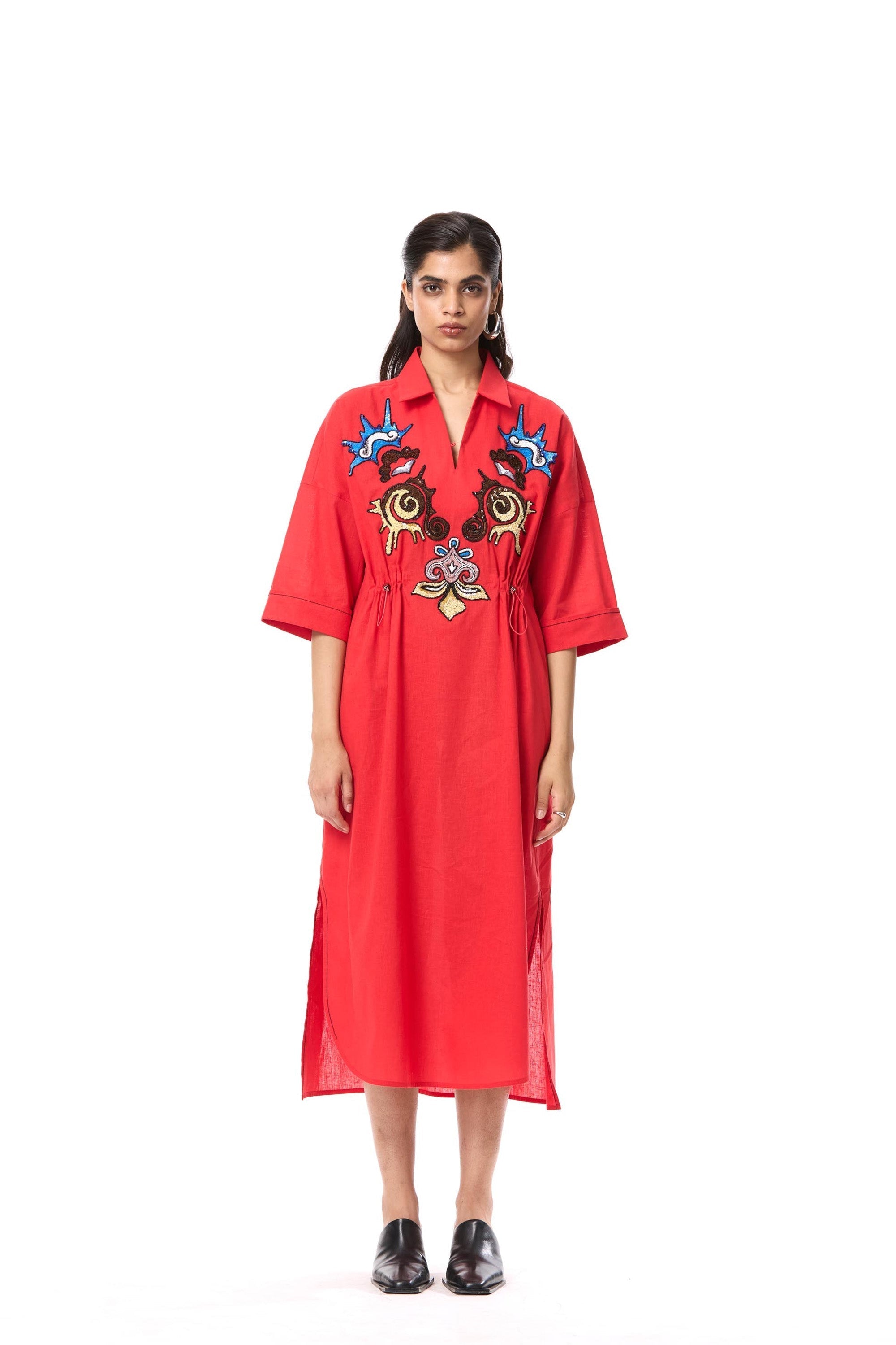 'SUN VEIL' EMBELLISHED LINEN MIDI DRESS - Kanika Goyal Label