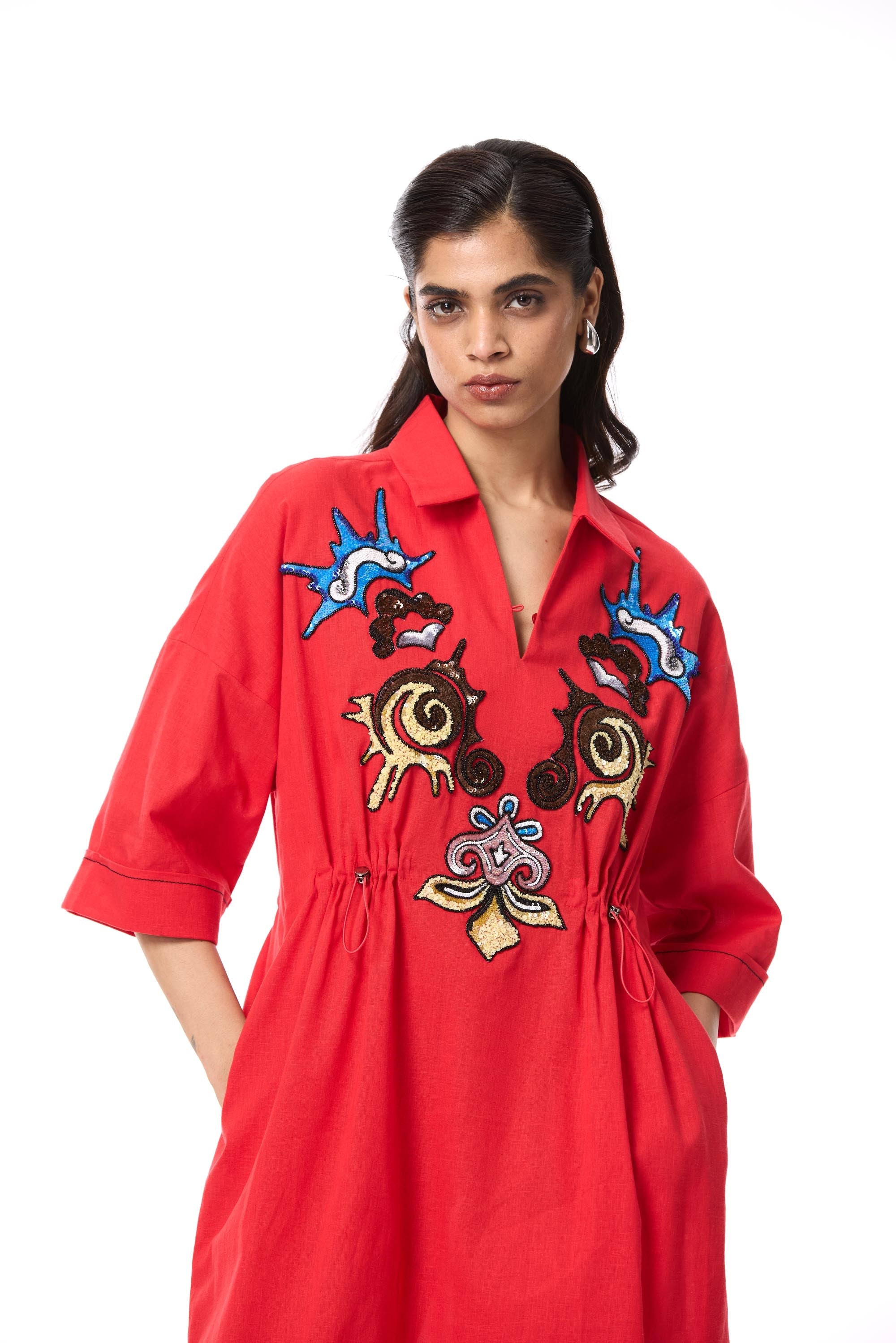 'SUN VEIL' EMBELLISHED LINEN MIDI DRESS - Kanika Goyal Label