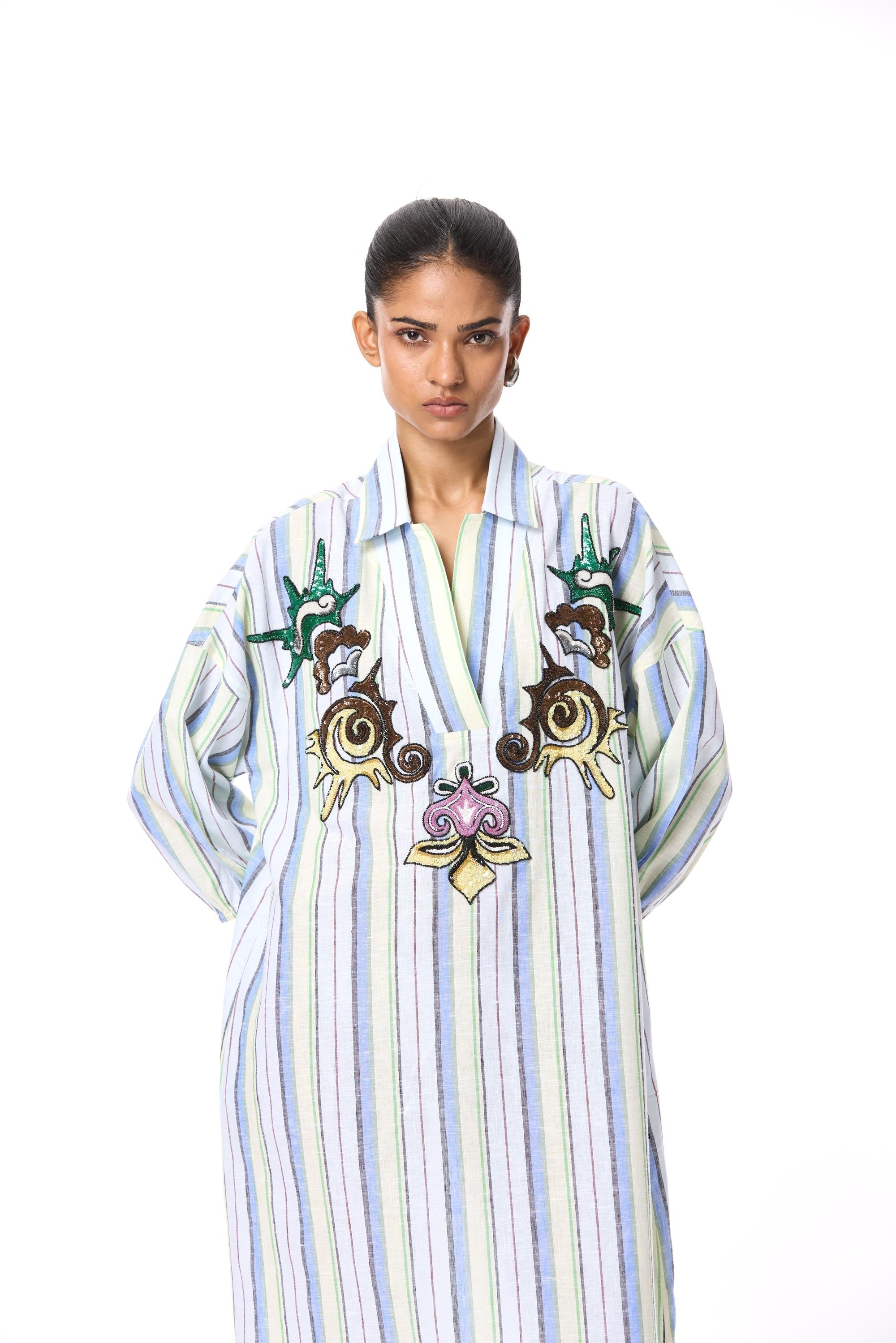 'SUN VEIL' EMBELLISHED LINEN MIDI DRESS - Kanika Goyal Label